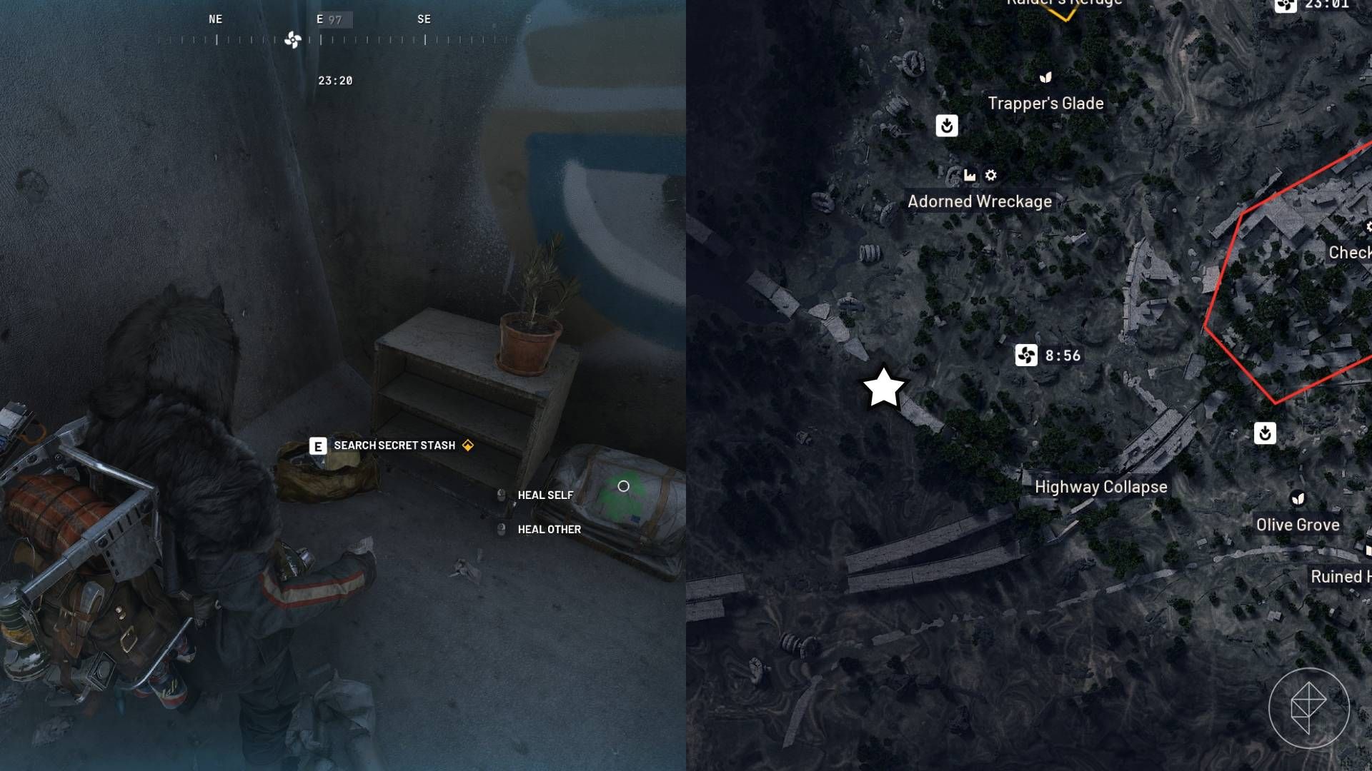 The left-hand side of the image shows the player in Arc Raiders standing in front of the objective for the "A Path Not Yours" quest while the right-hand side of the image shows the location marked on the in-game map with a star.