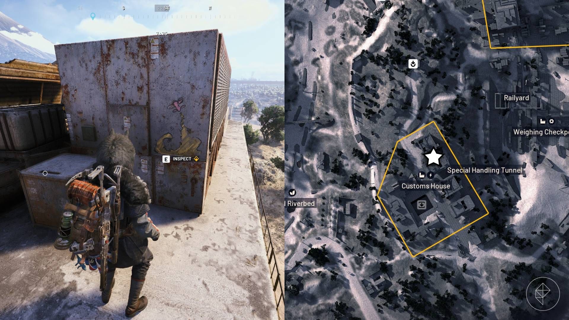 The left-hand side of the image shows the player in Arc Raiders standing in front of the drawing on the third Customs House while the right-hand side shows the location marked on the in-game map with a star.