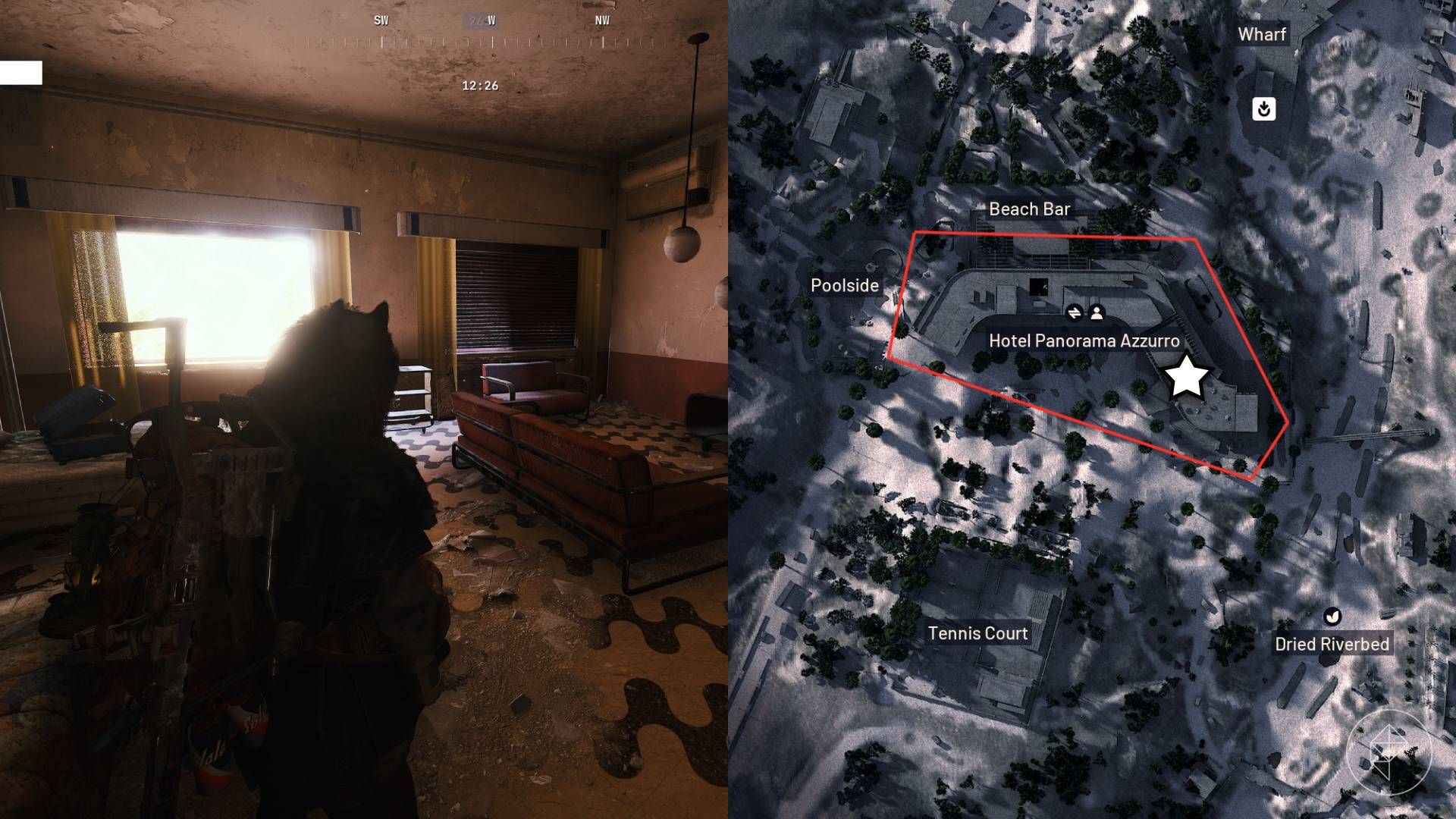 The left-hand side of the image shows the player in Arc Raiders standing in young Celeste's room in Hotel Panorama Azzurro while the right-hand side of the image shows the location marked on the in-game map.