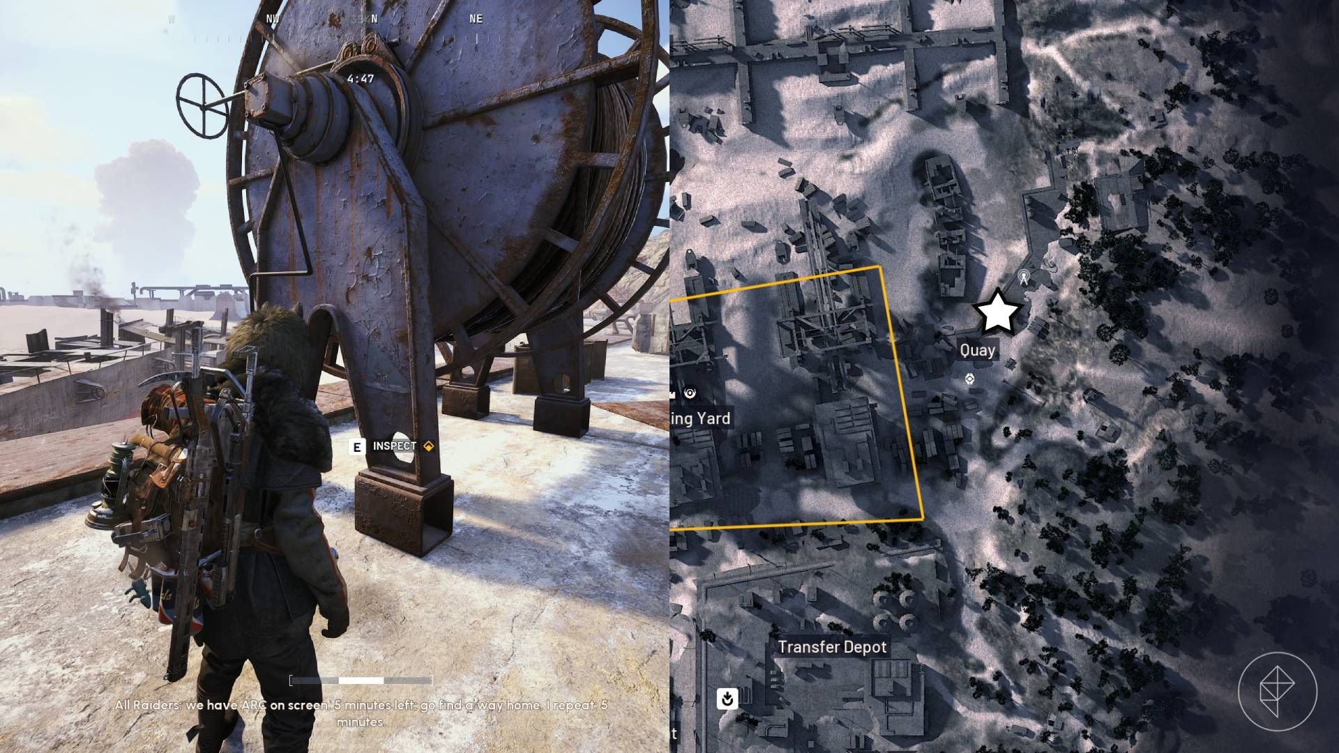 The left-hand side of the image shows the player in Arc Raiders standing in front of the drawing at the Quay while the right-hand side of the image shows the location marked on the in-game map with a star.