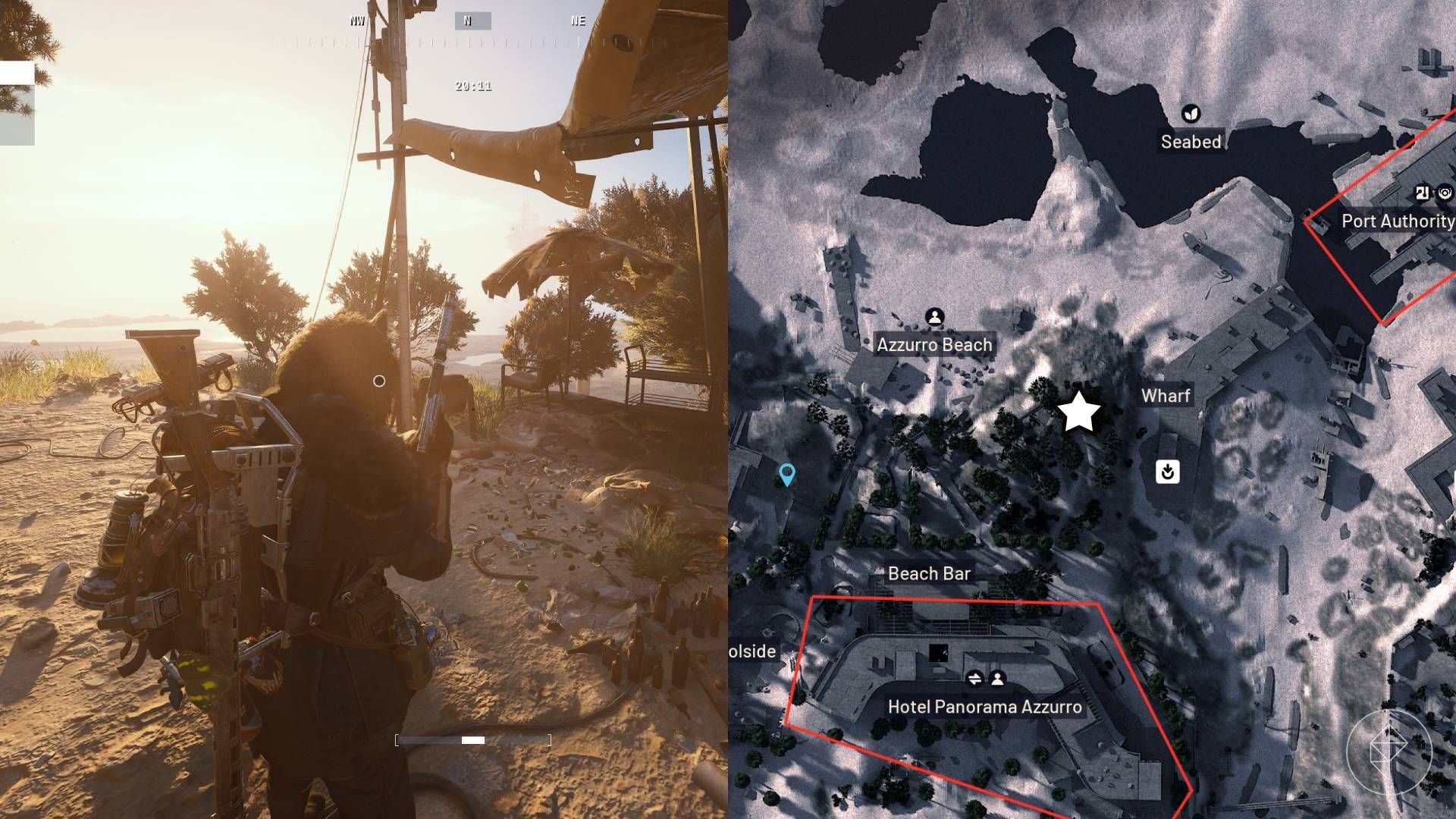 The left-hand side of the image shows the player standing in front of the objective for the "Celeste's Teenage Rebellion" quest in Arc Raiders while the right-hand side of the image shows the location marked on the in-game map with a star.