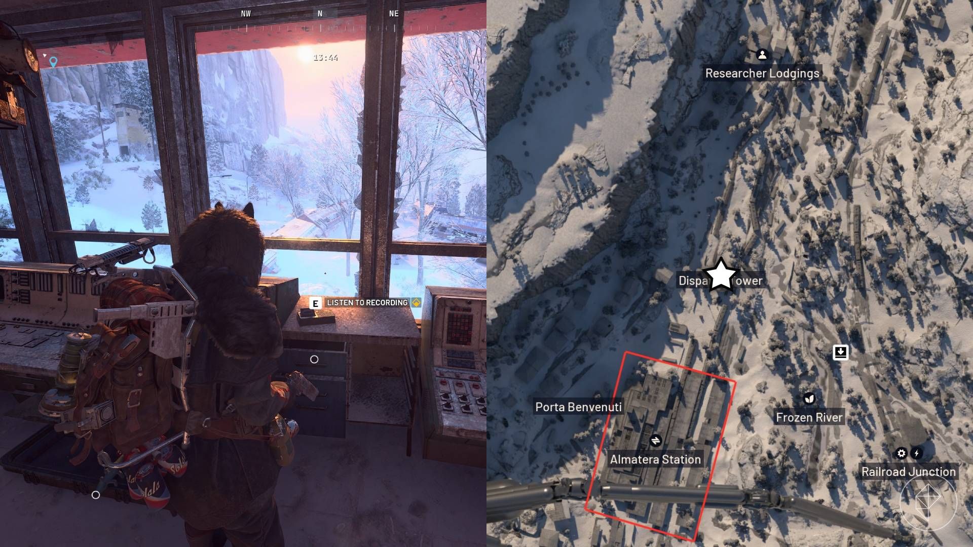 The left-hand side of the image shows the player in Arc Raiders standing in front of the nomad recording while the right-hand side shows the location marked on the in-game map with a star.