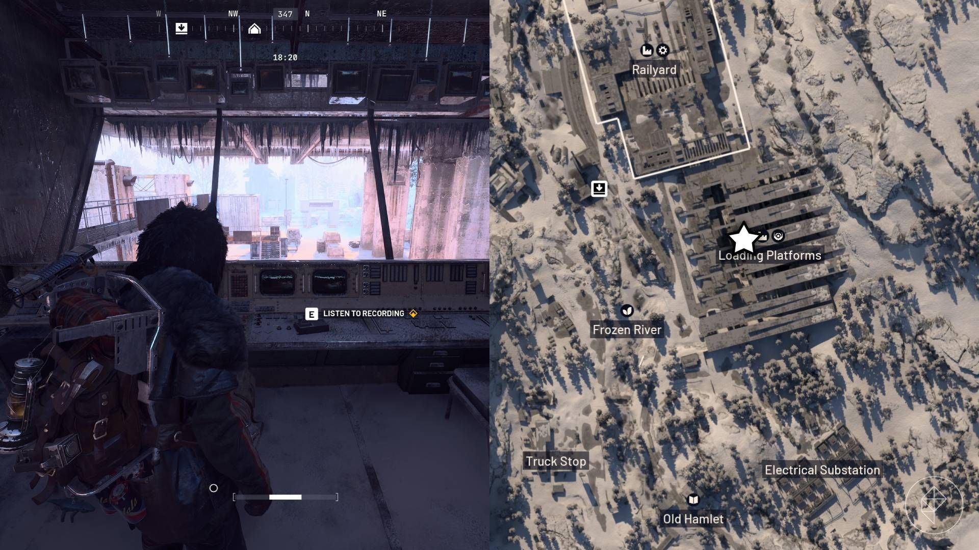 The left-hand side of the image shows the player in Arc Raiders standing in front of the nomad recording while the right-hand side shows the location marked on the in-game map with a star.