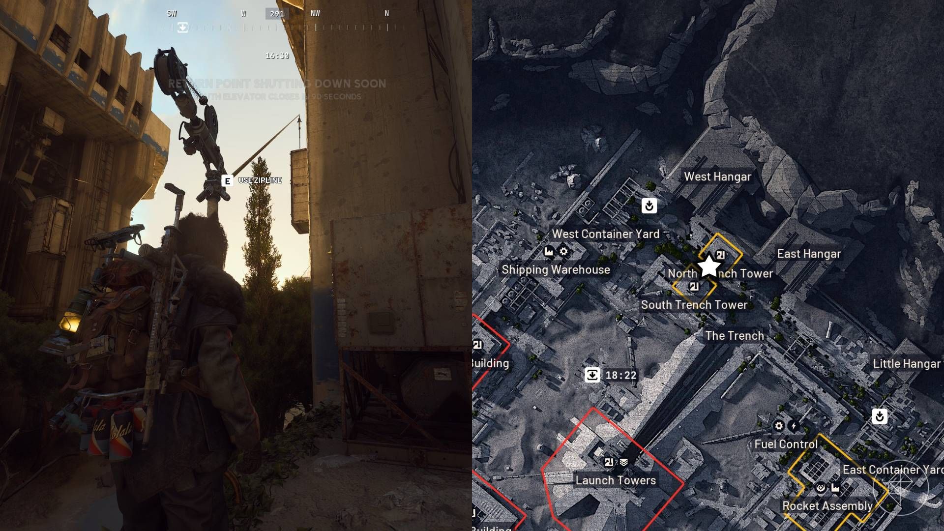 The left-hand side of the image shows the player standing at the bottom of a zipline that leads to the crate with the magnetic lock in Arc Raiders while the right-hand side of the image shows the location of the crate marked on the in-game map with a star.