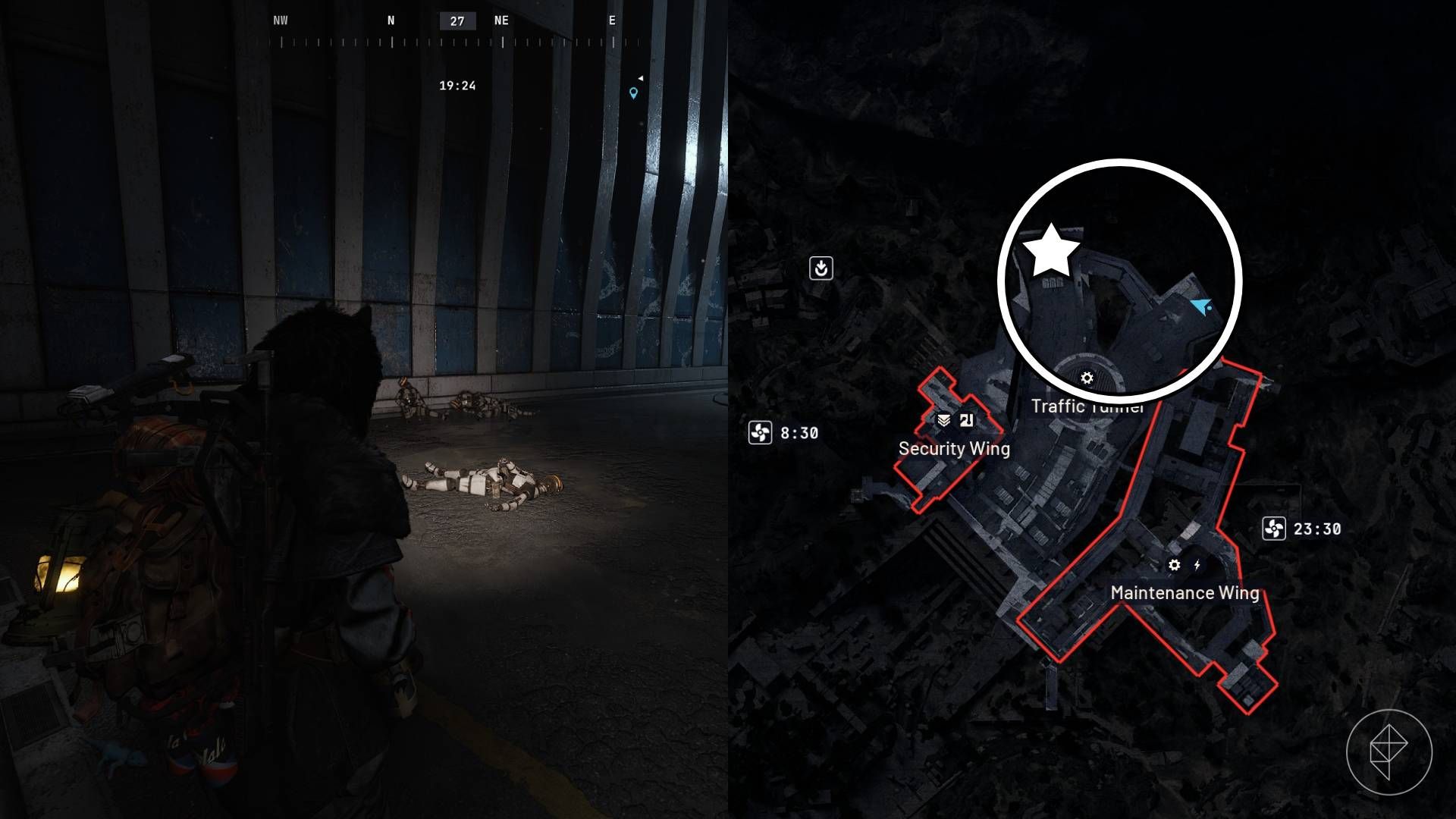 The left-hand side of the image shows the player standing by the androids in Arc Raiders while the right-hand side of the image shows the in-game map with the location highlighted.