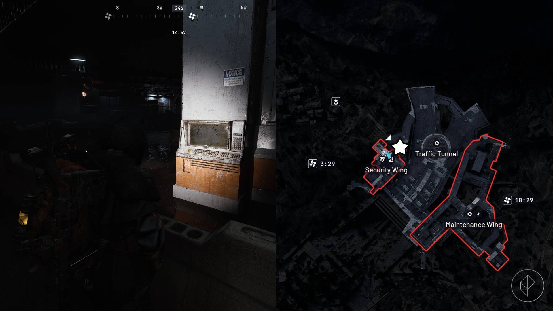 The left-hand side of the image shows the player standing by the terminal at the weighing station in Arc Raiders while the right-hand side of the image shows the in-game map with the location highlighted.