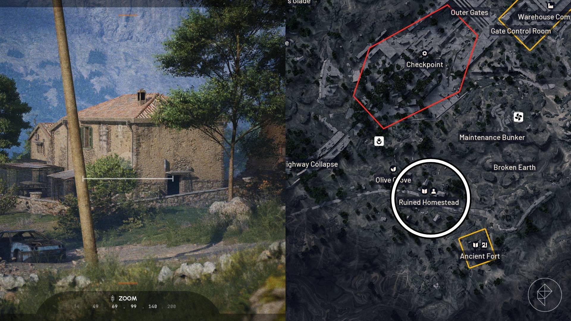 The left-hand side of the image shows the view of a building in Ruined Homestead in Arc Raiders through a camera while the right-hand side of the image shows the Ruined Homestead location circled on the in-game map.