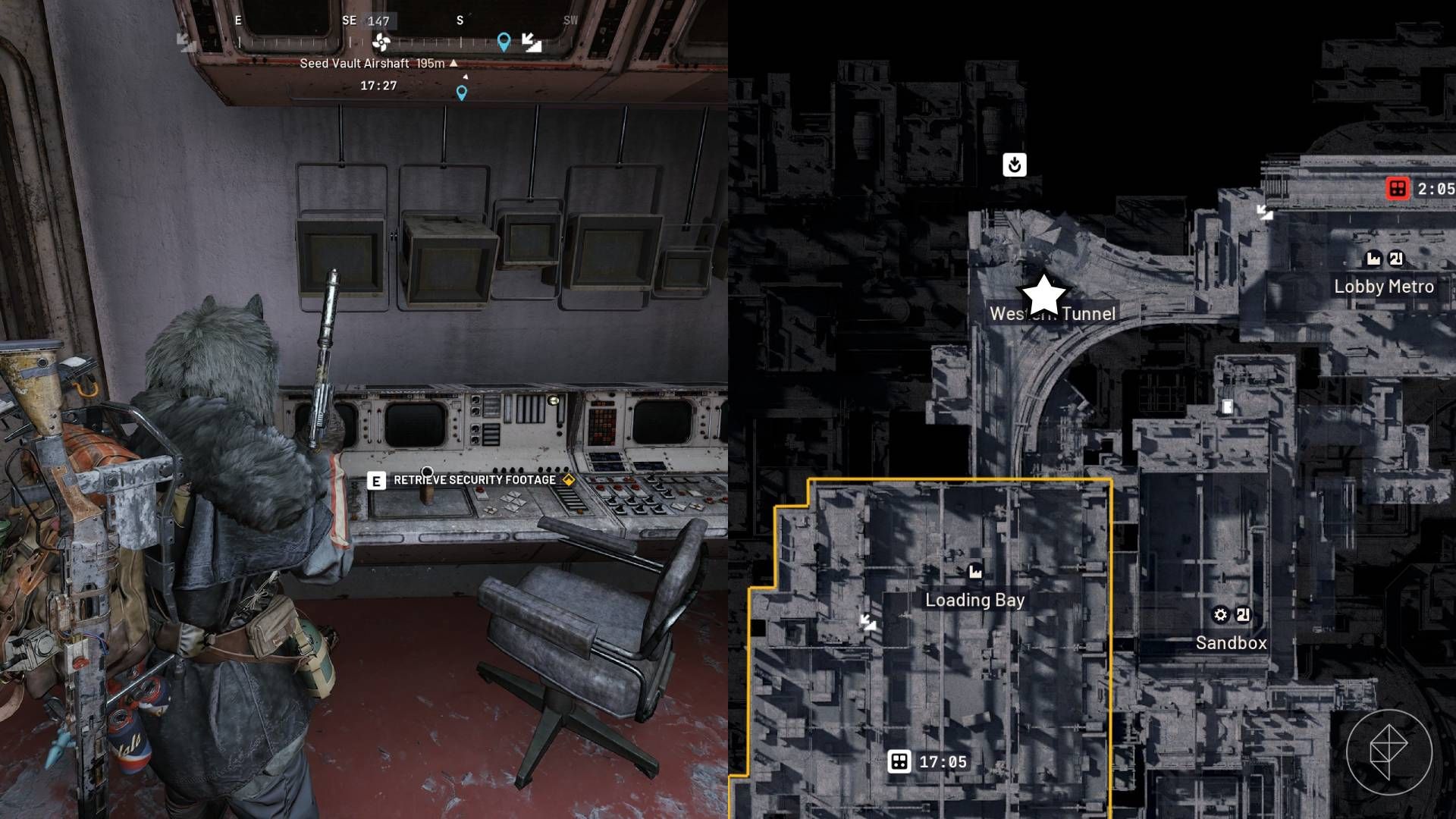 The left-hand side of the image shows the player in Arc Raiders standing next to the objective required for the "Someone Else's Shoes" quest while the right-hand side shows the location marked on the in-game map with a star.