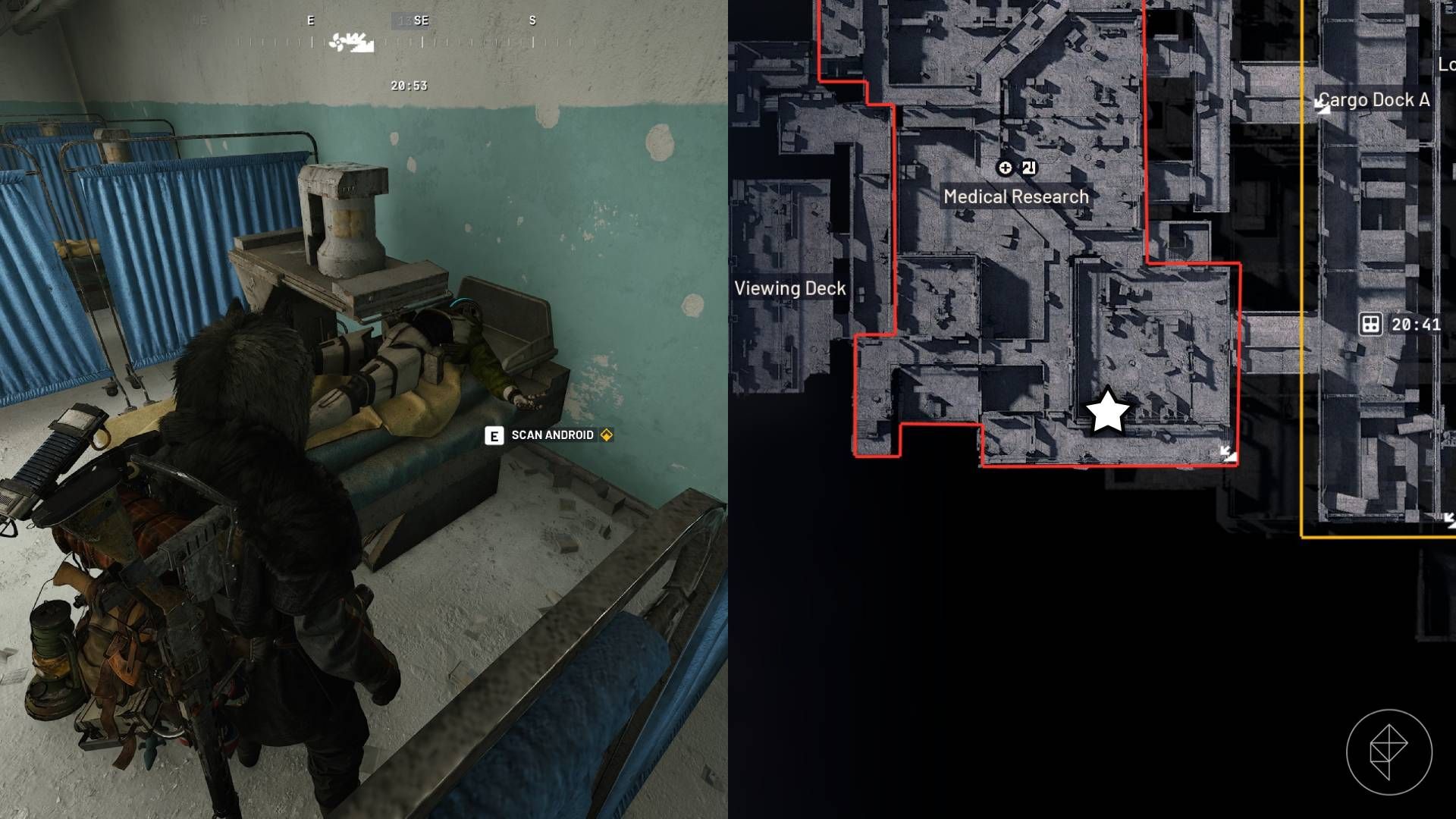 The left-hand side of the image shows the player in Arc Raiders standing next to the objective required for the "Someone Else's Shoes" quest while the right-hand side shows the location marked on the in-game map with a star.