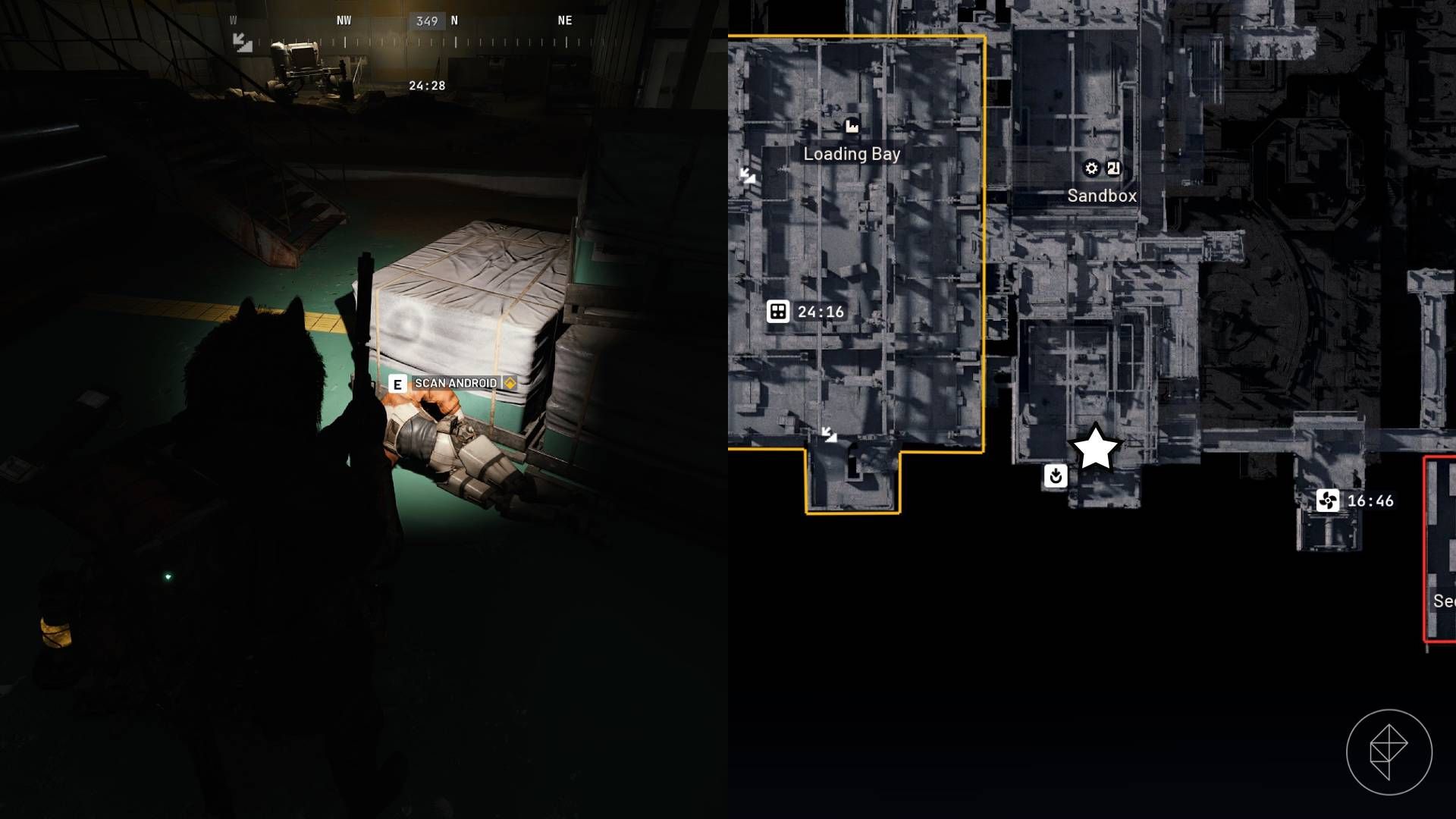 The left-hand side of the image shows the player in Arc Raiders standing next to the objective required for the "Someone Else's Shoes" quest while the right-hand side shows the location marked on the in-game map with a star.