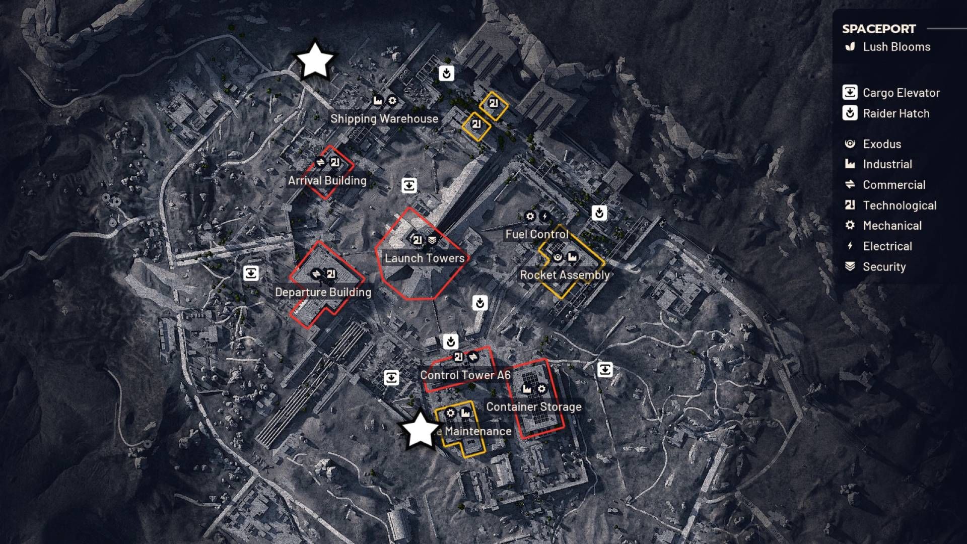 The Spaceport map in Arc Raiders with the location of two Baron Husks indicated with a star icon.