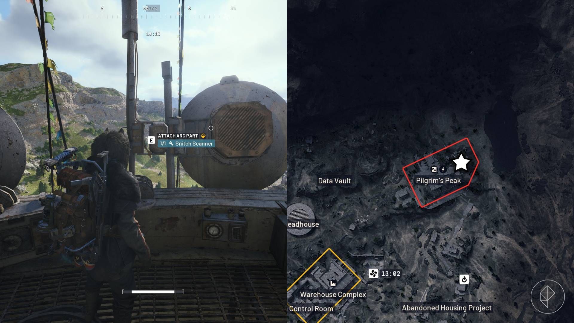 The left-hand side of the image shows the player standing in front of the objective for the "Wires Crossed" quest in Arc Raiders while the right-hand side shows the location marked on the in-game map with a star.