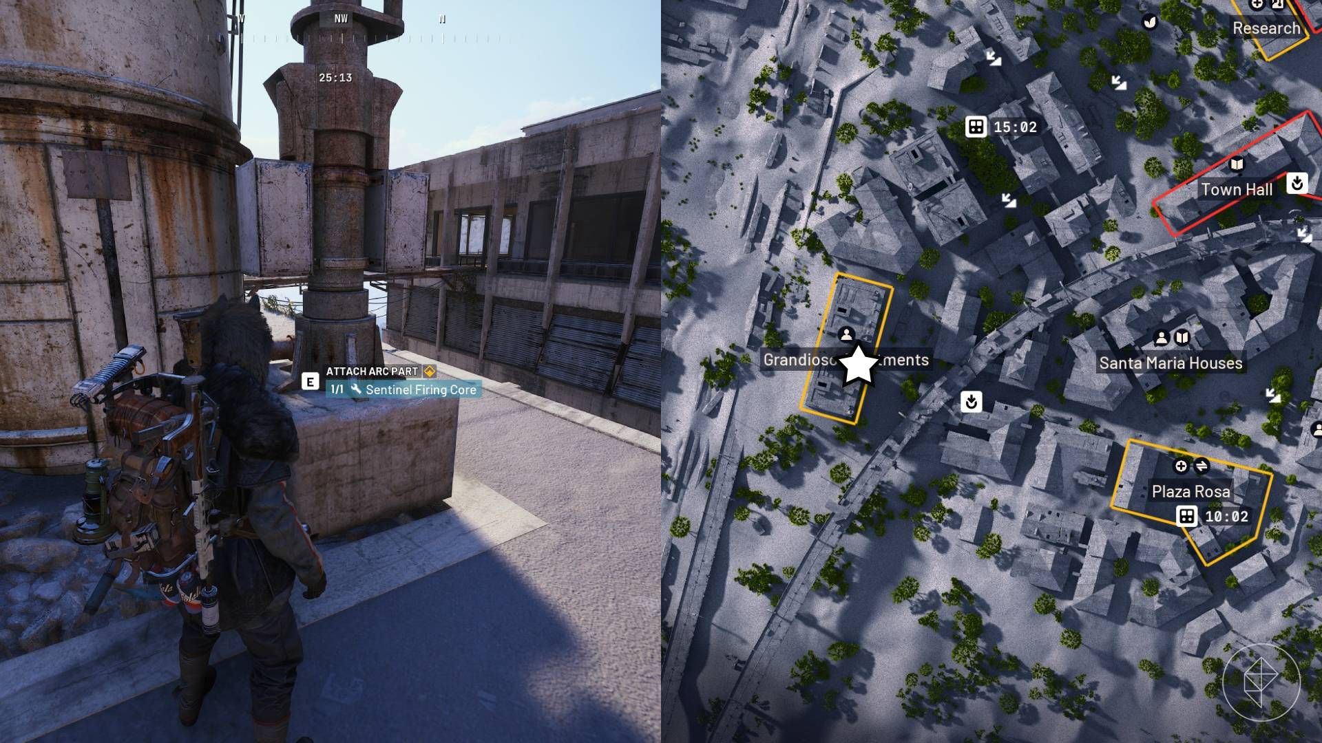The left-hand side of the image shows the player standing in front of the objective for the "Wires Crossed" quest in Arc Raiders while the right-hand side shows the location marked on the in-game map with a star.