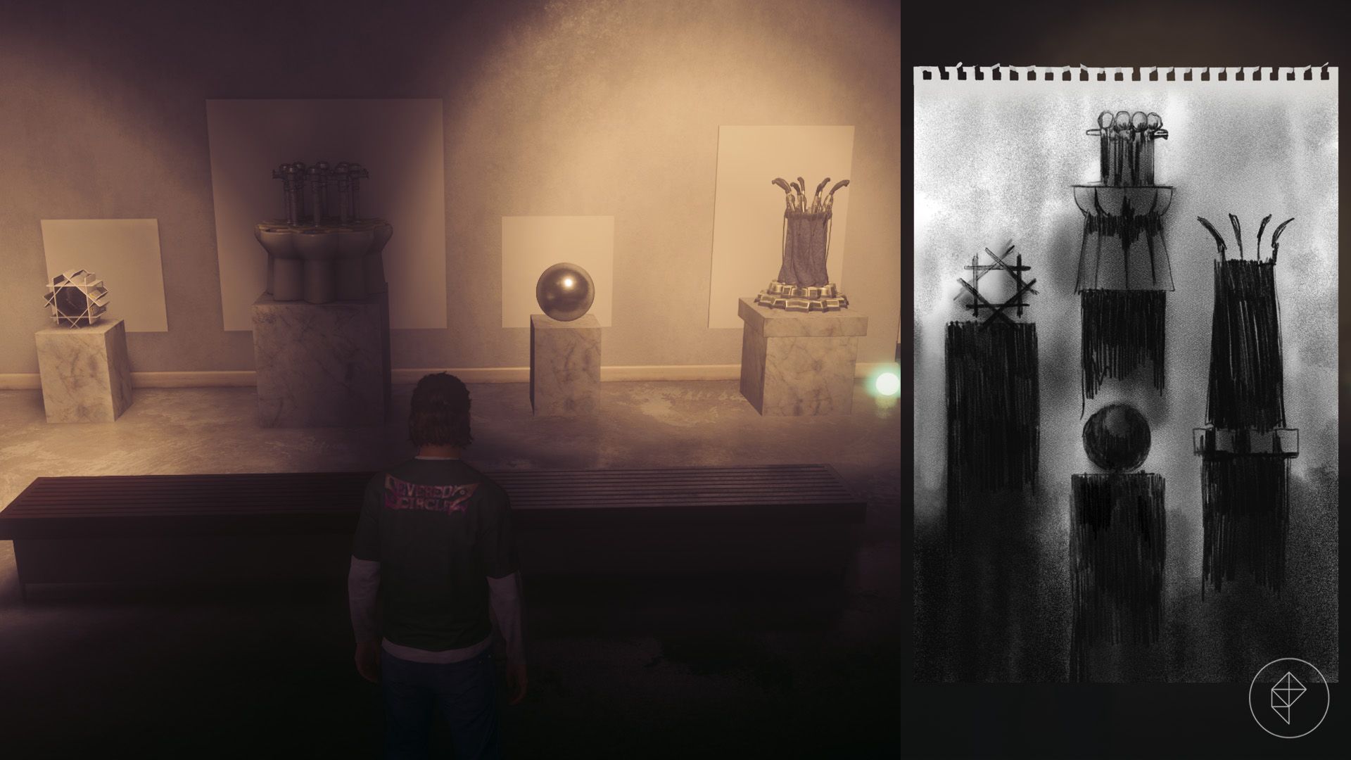 Dylan standing in front of objects on pedestals in an art exhibit in Control Resonant.