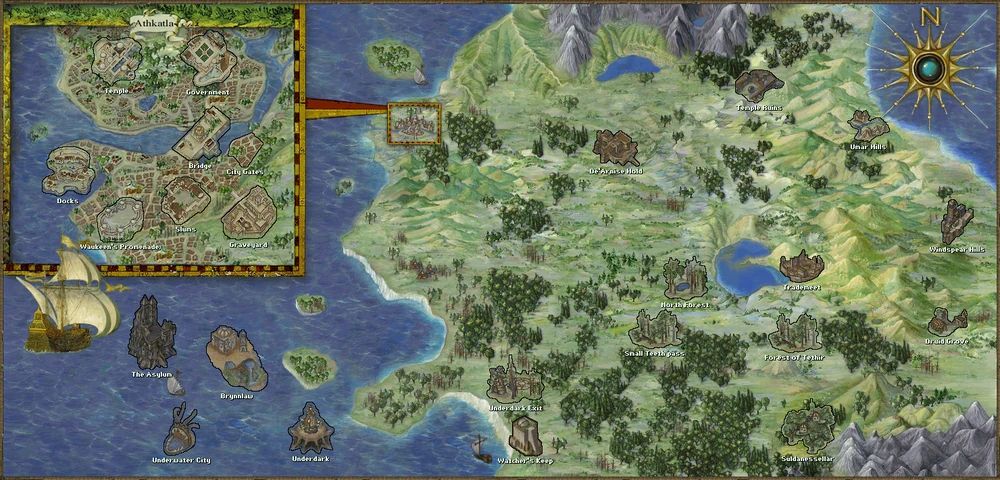 Baldur's Gate 2 map with the city of Athkatla highlighted