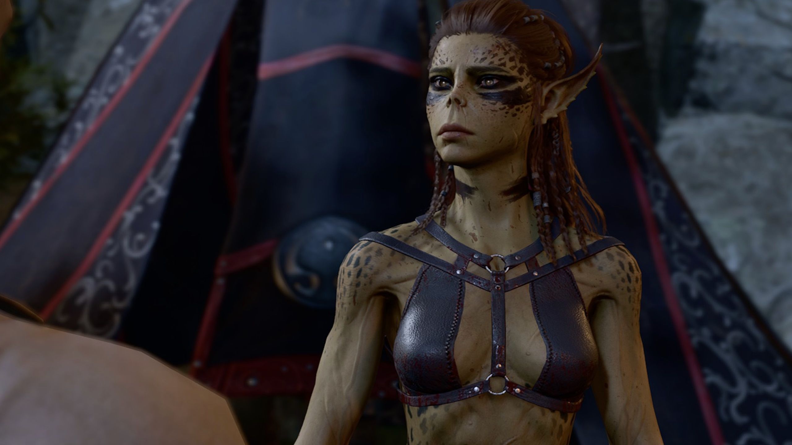 Lae’zel frowns while talking to the player character in Baldur’s Gate 3.