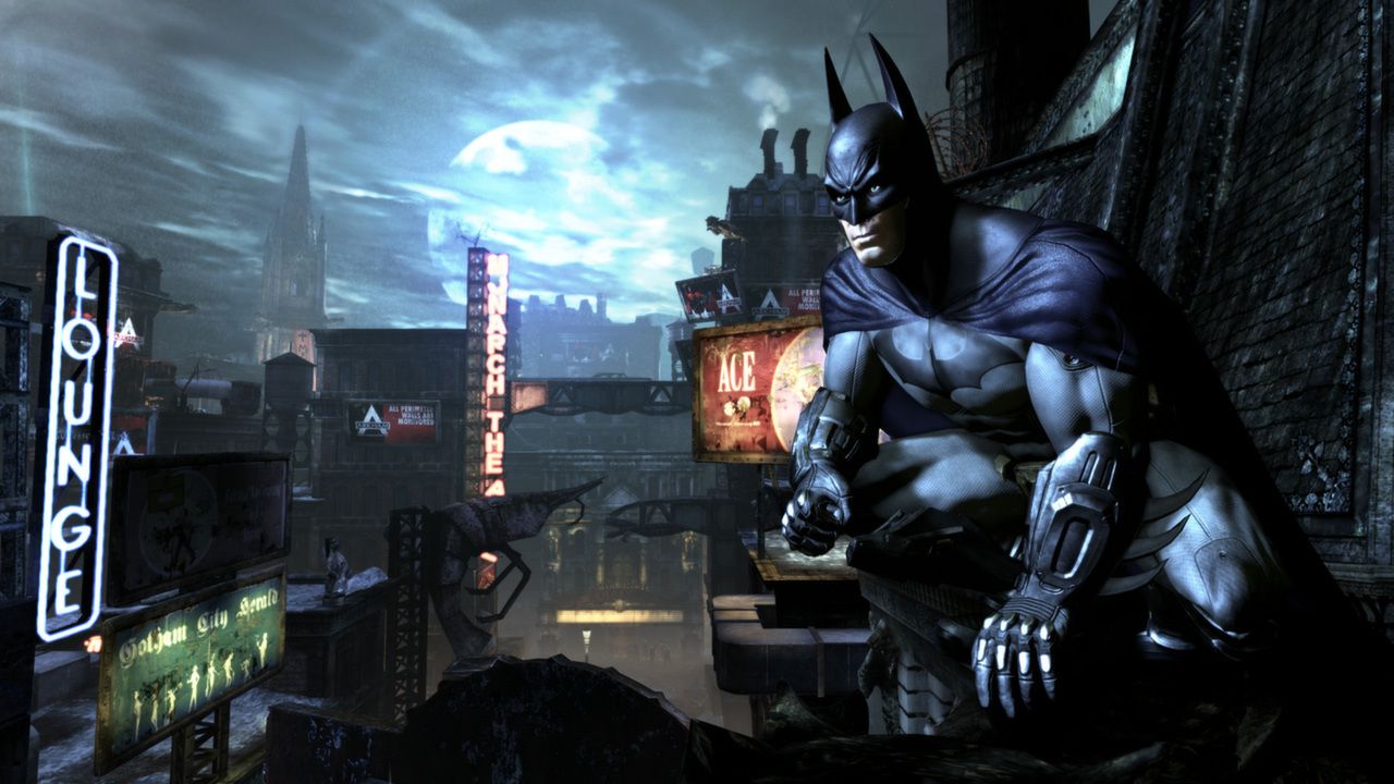 Batman Arkham City batman perched on a ledge