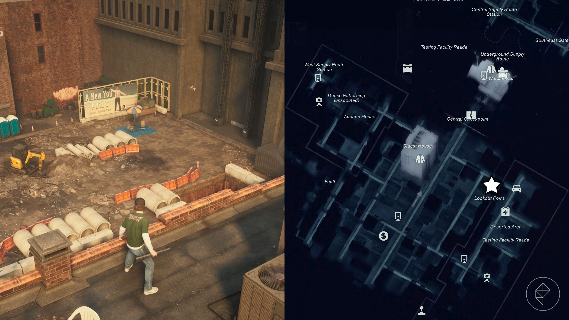 Dylan standing on a rooftop looking over a construction site that has a beach chair set up in Control Resonant.