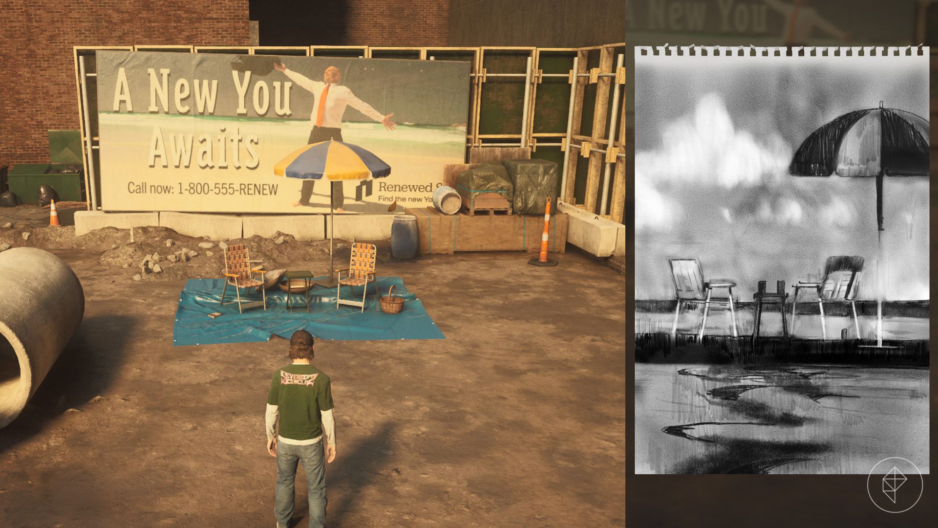 Dylan standing in front of a makeshift beach set up in a construction site in Control Resonant.