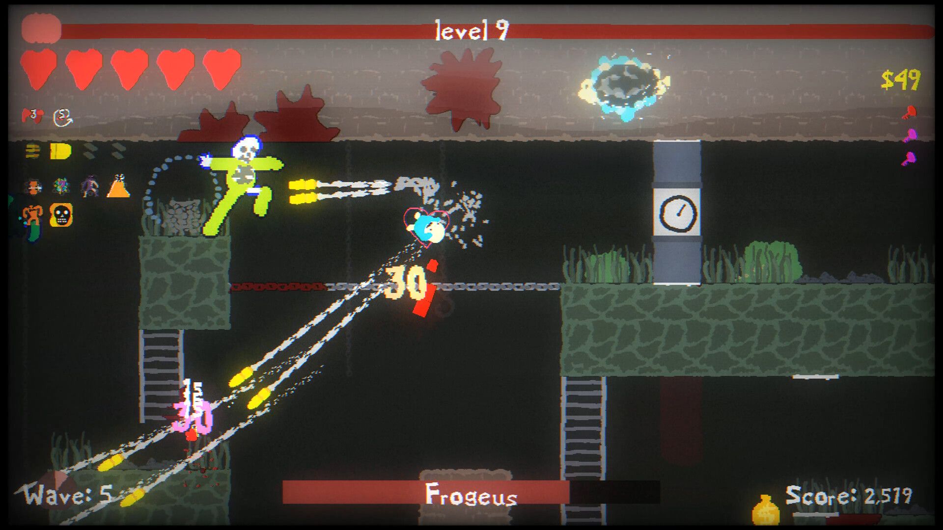 A character fires shots while platforming in Blood Dungeon.