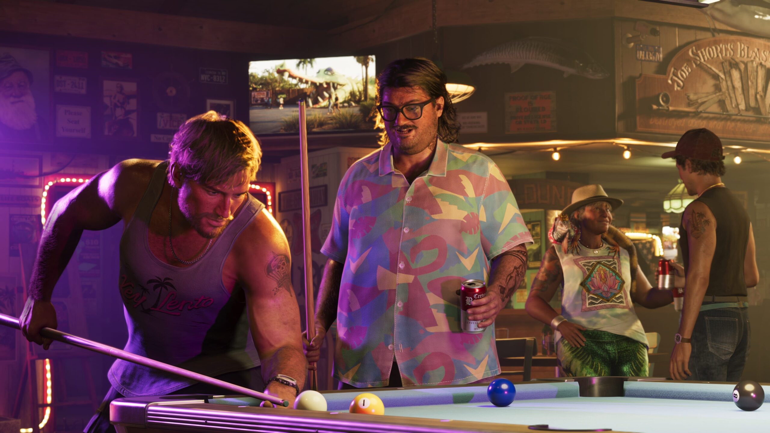 GTA 6's Jason plays pool as conspiracy theorist Cal Hampton watches.