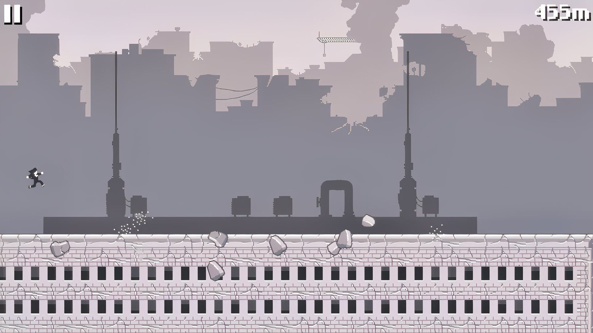 A Canabalt screenshot shows a tiny hero jumping along the roof of an enormous building as blocks of rubble fall.