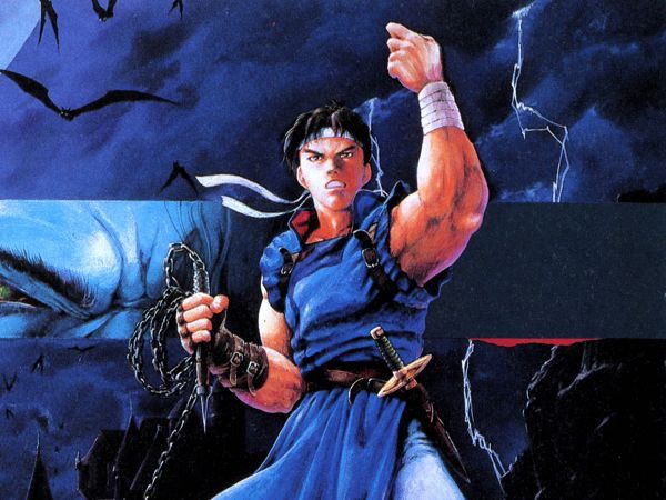 Castlevania: Rondo of Blood cropped cover art shows Richter Belmont, dressed in blue, holding one fist in the air with a whip clutched in the other one.