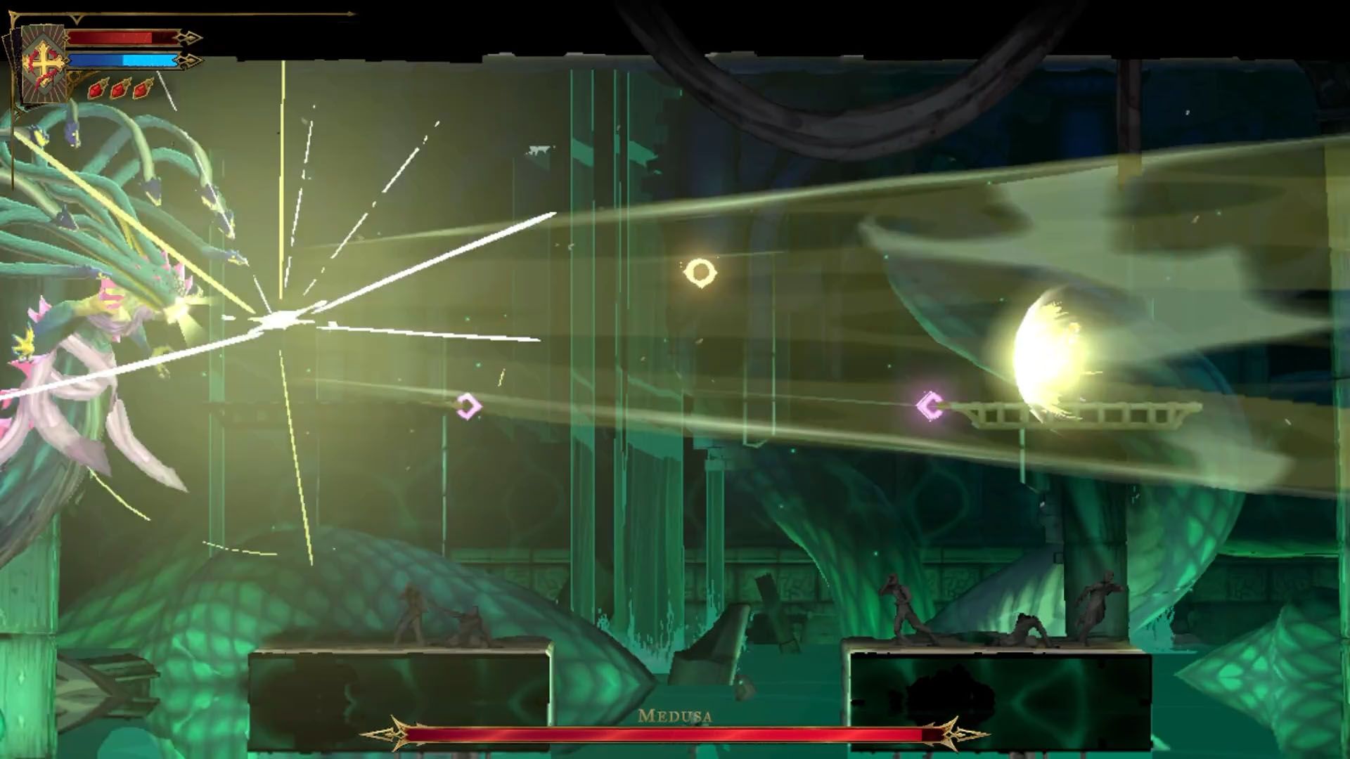 A Castlevania: Belmont's Curse screenshot showing Medusa's petrifying attack