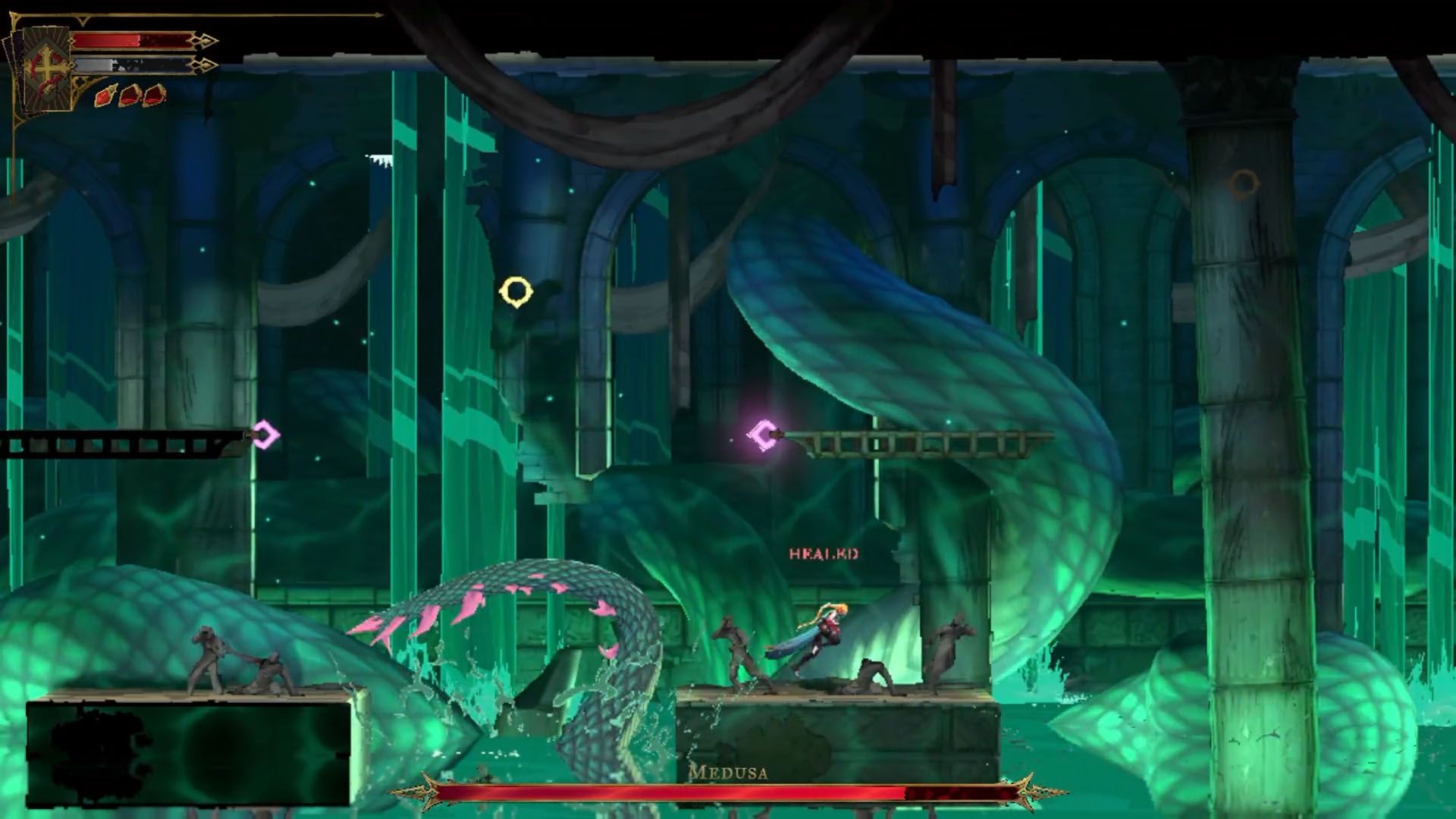A Castlevania: Belmont's Curse screenshot showing Medusa's tail attack