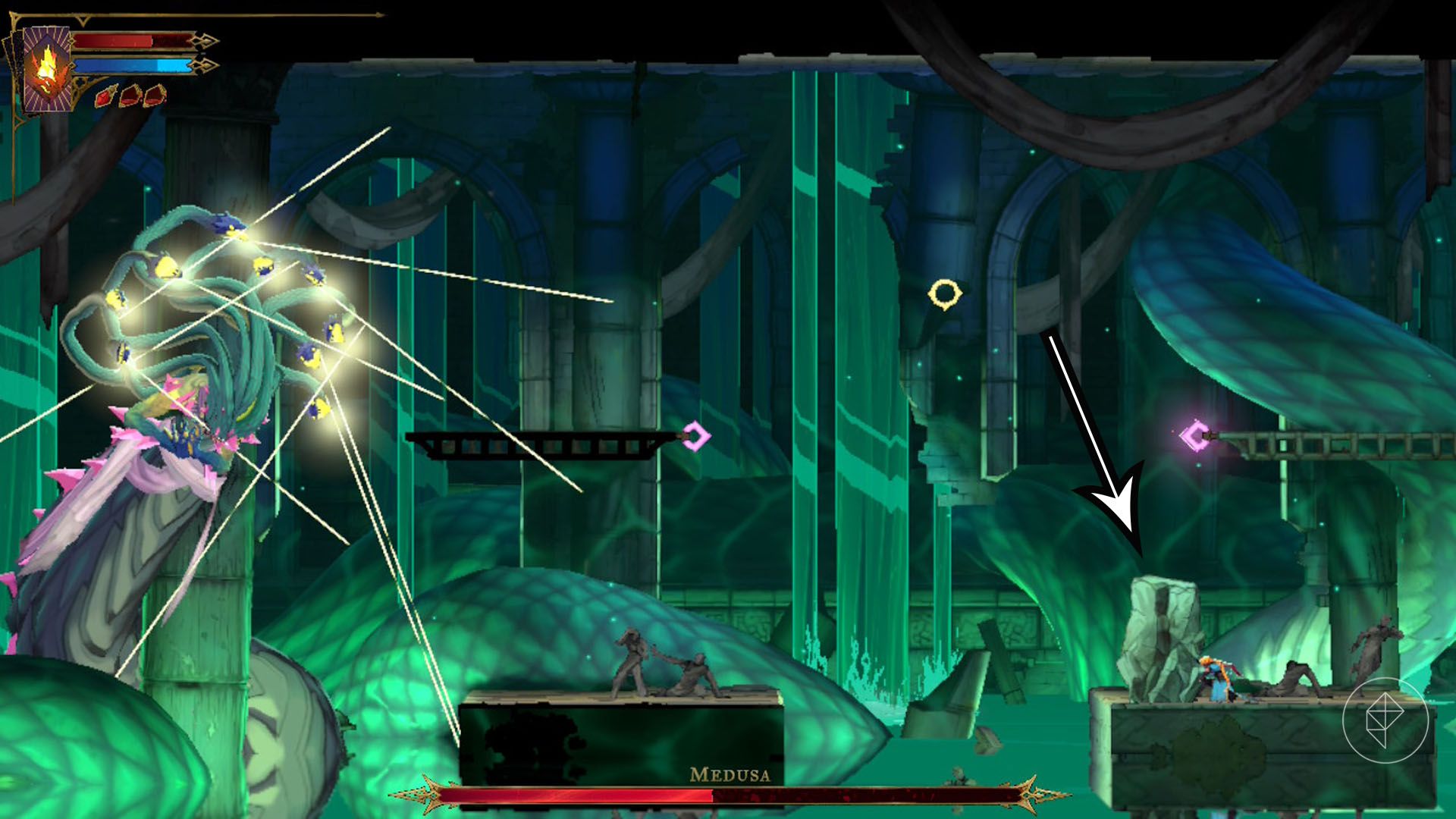 A Castlevania: Belmont's Curse screenshot showing the rock you must hide behind to avoid Medusa ultimate attack