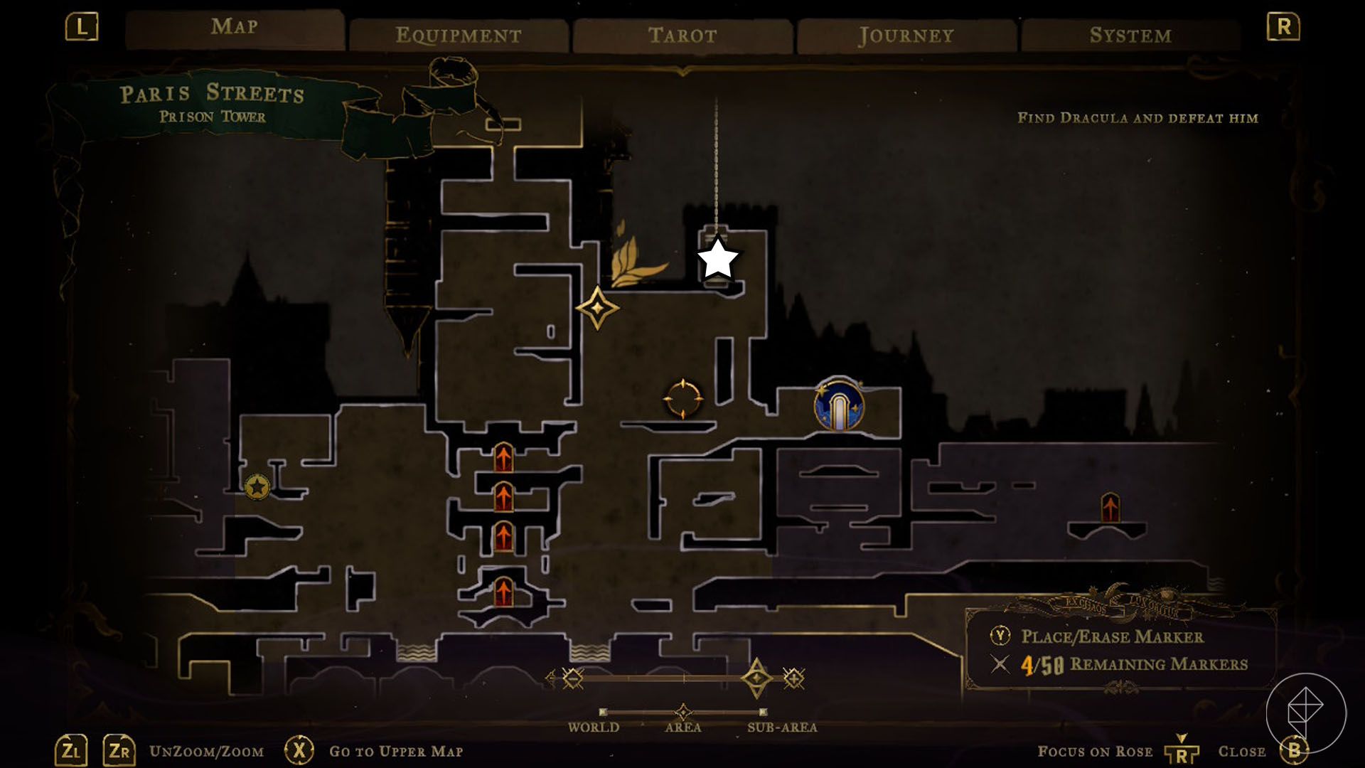 A Castlevania: Belmont's Curse screenshot showing the map and where you can find the carpenter's crane