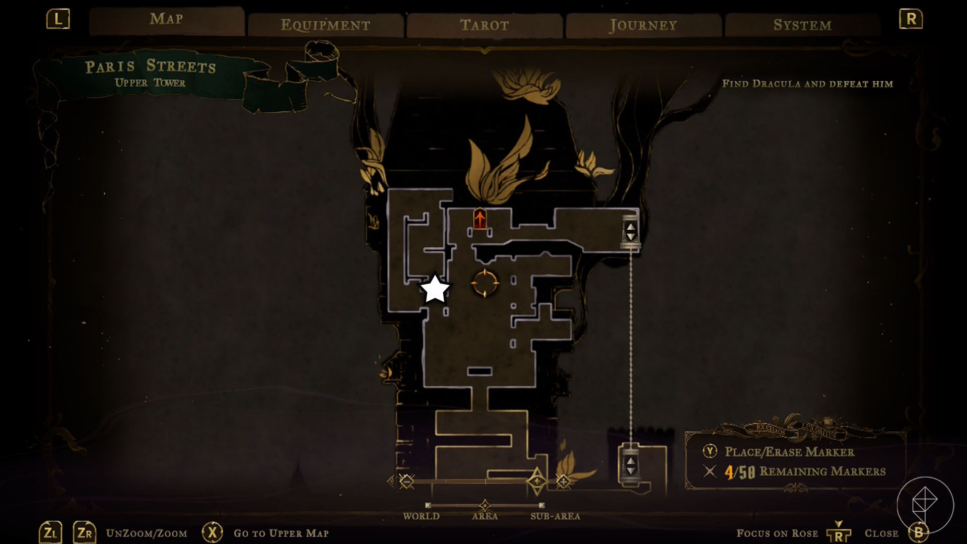 A Castlevania: Belmont's Curse screenshot showing the map of Paris Streets and where you find the spirit who tells you about the carpenter's crane