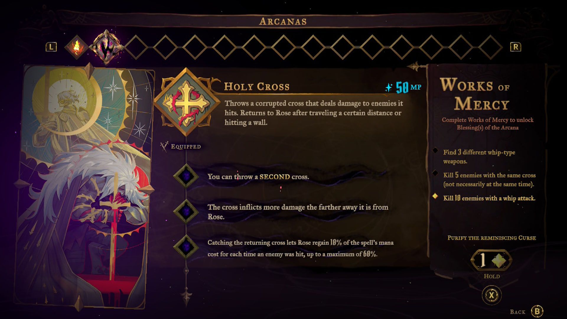 A Castlevania: Belmont's Curse screenshot showing the Holy Cross arcana description