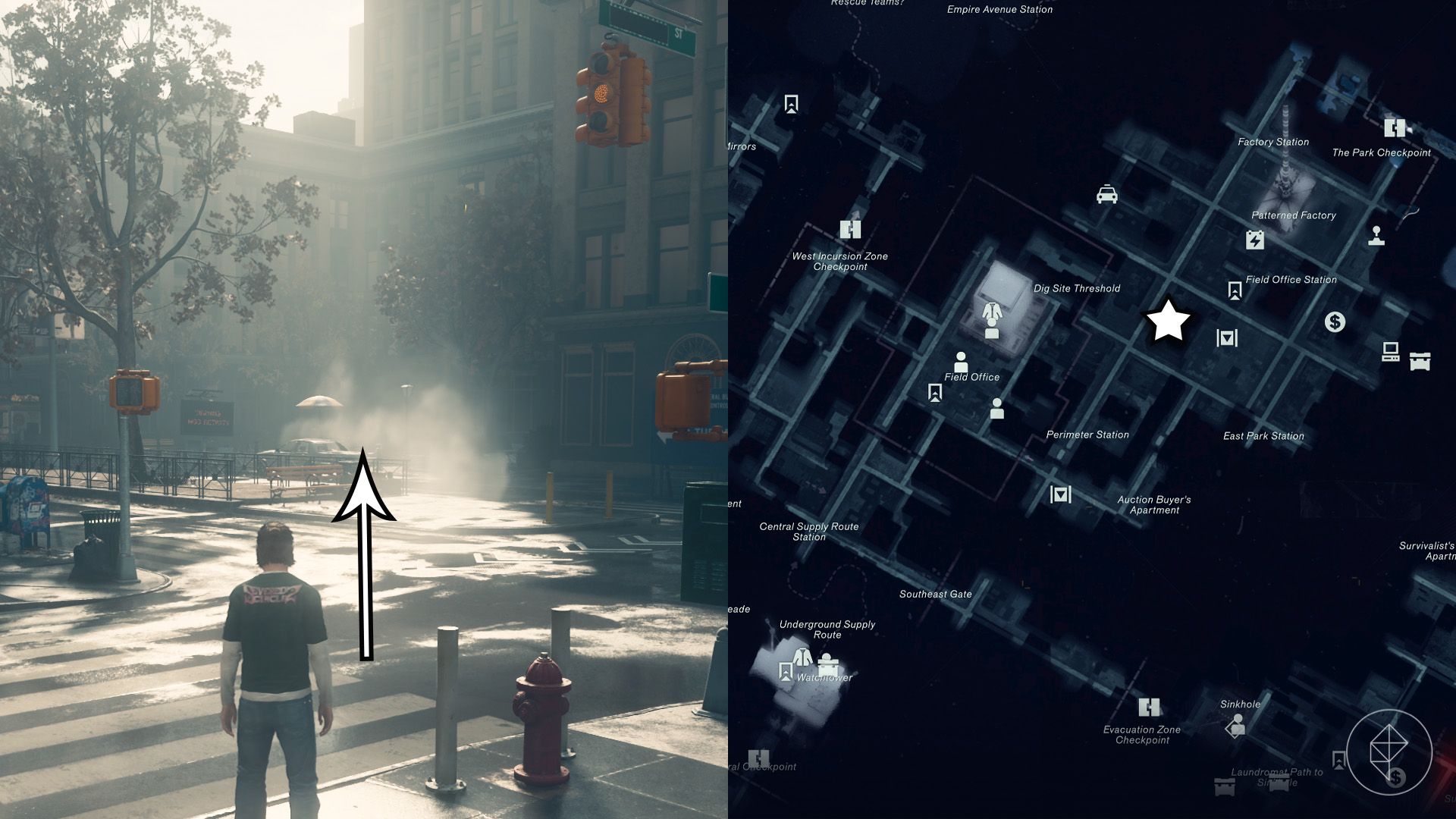 Dylan looking at a building in the Central zone in Control Resonant.