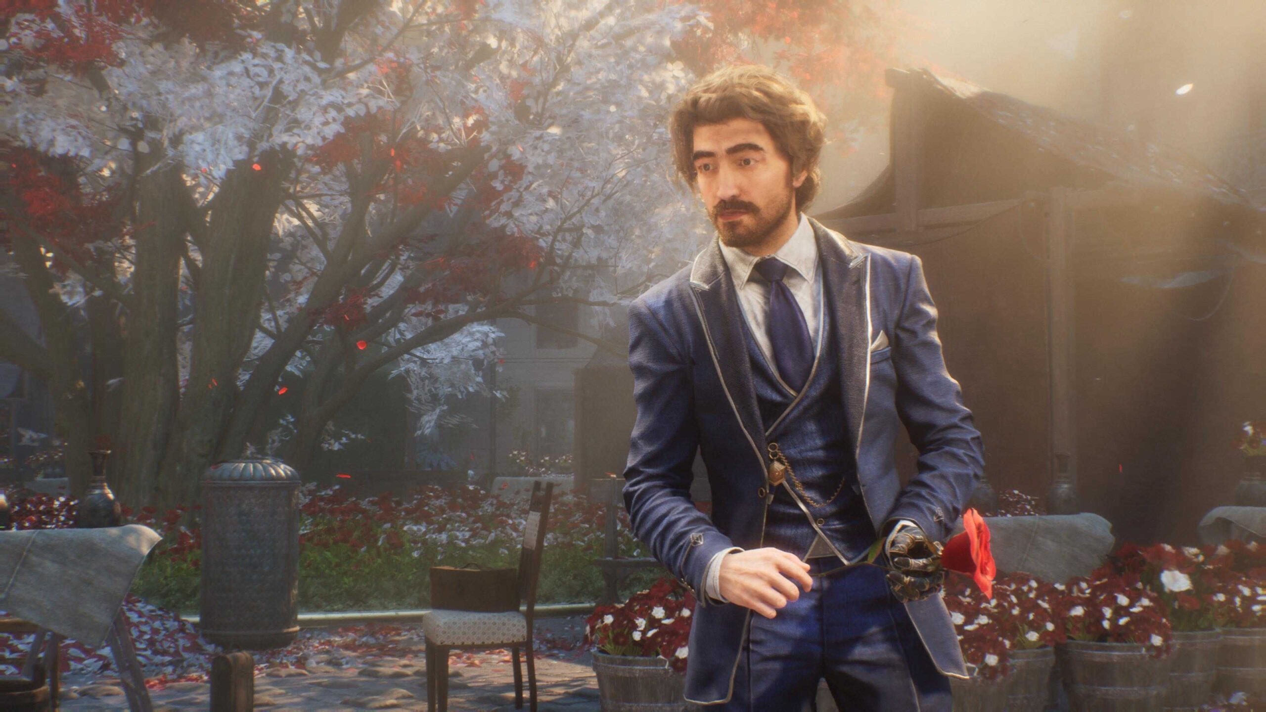 Gustave in a blue suit holding a red flower in a screenshot from Clair Obscur Expedition 33's prologue