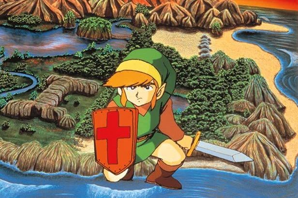 Classic link standing in front of a map from The Legend of Zelda: Art & Artifacts
