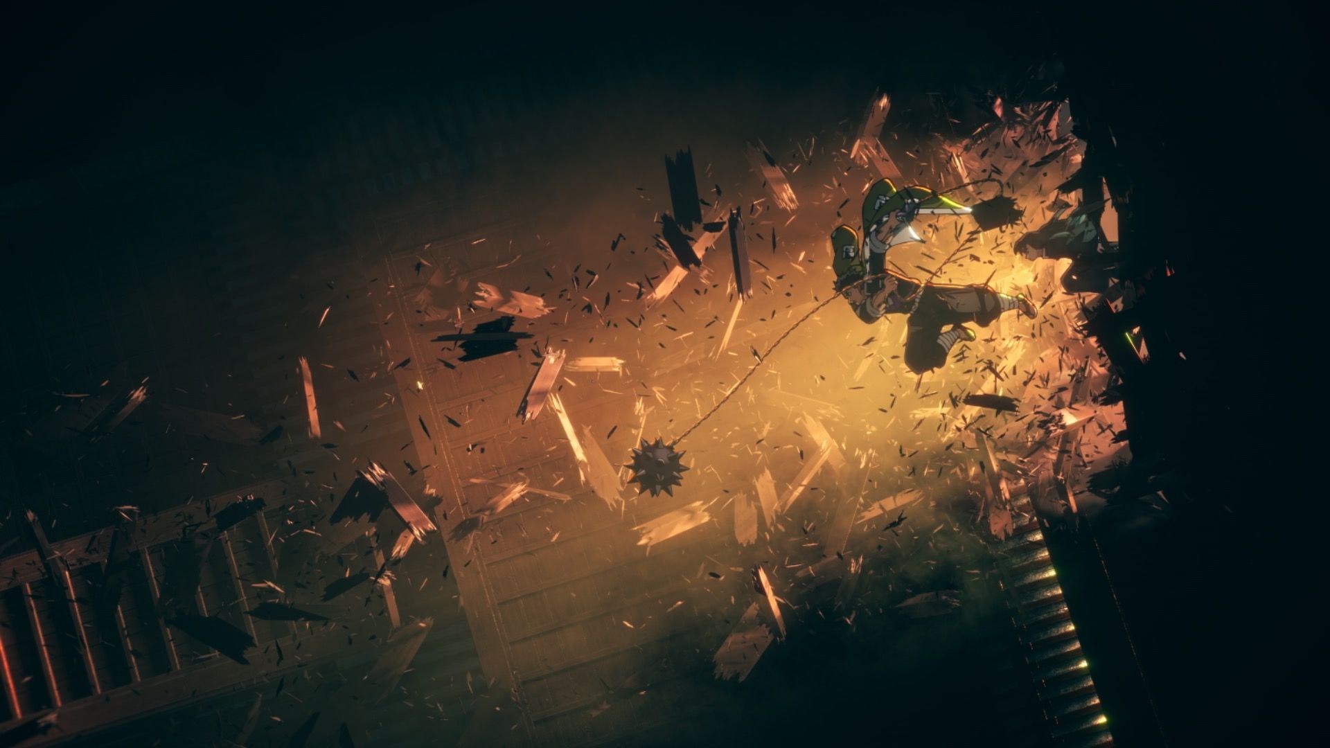 Gyomei busting through a wooden wall with his weapon in Demon Slayer Infinity Castle