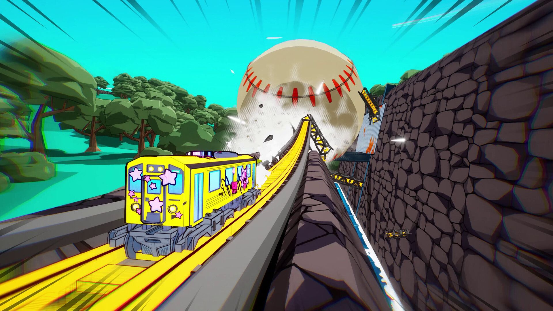 A train eludes a giant baseball down a train track in Denshattack