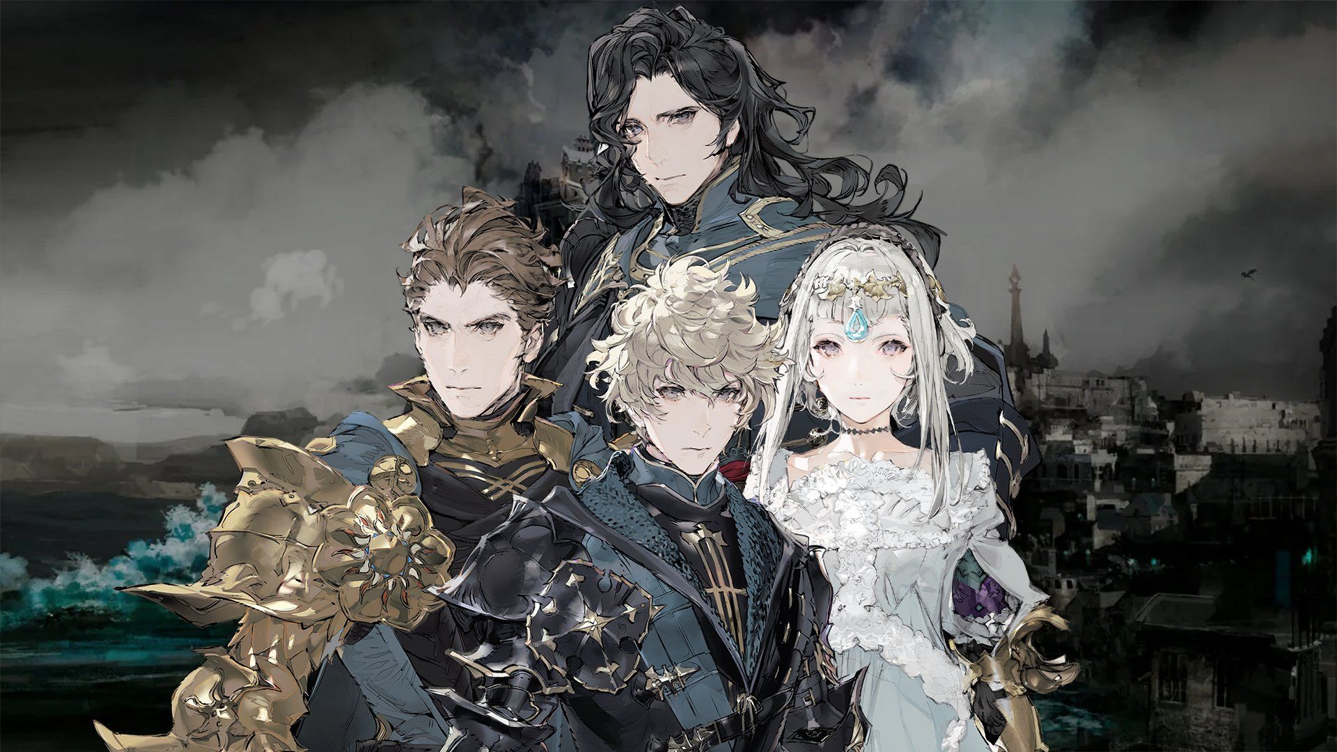 The DioField Chronicle’s main cast of characters, Andrias, Fredret, Iscarion, and Waltaquin, in the game’s stylized cover art