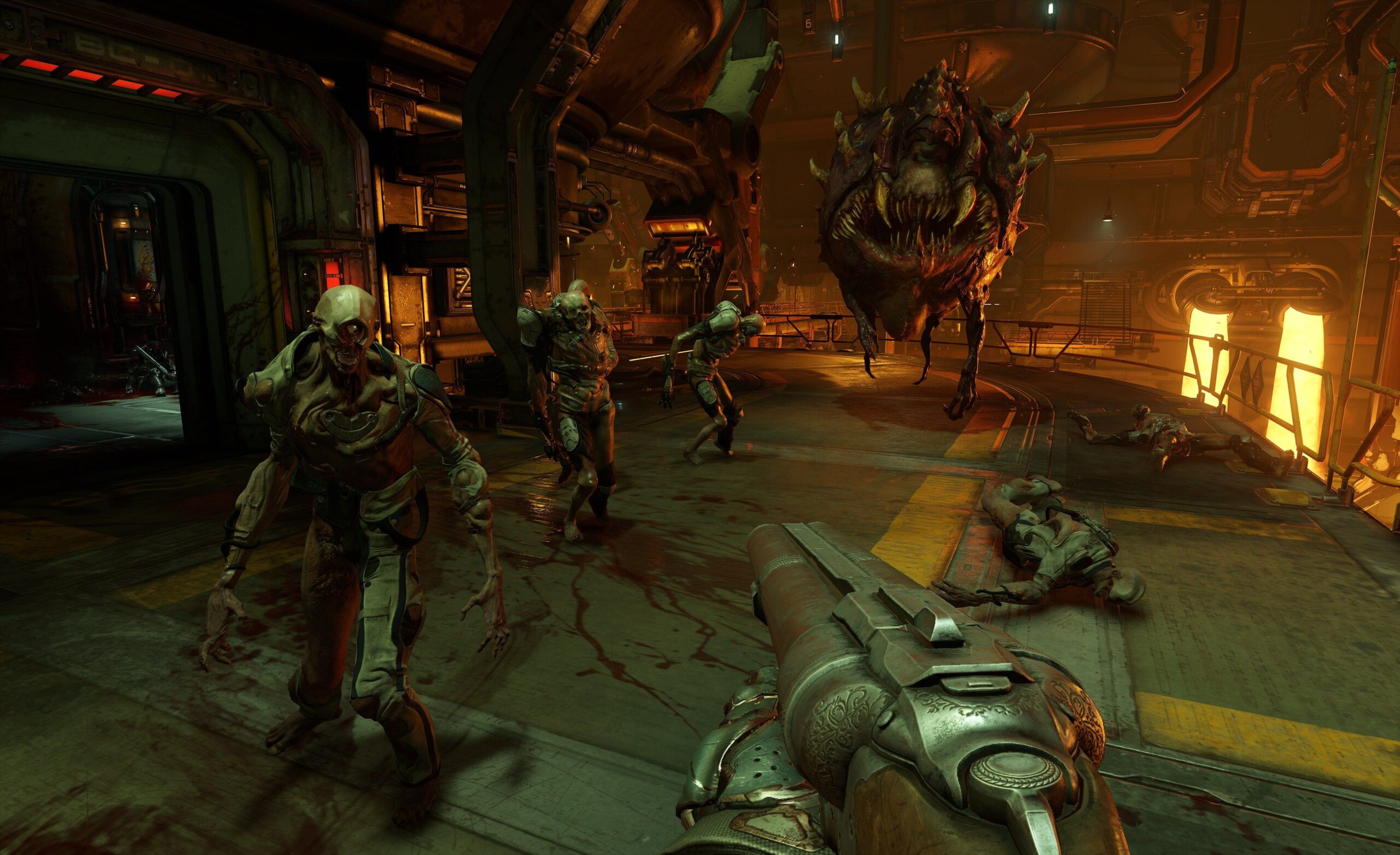 Doom (2016) - Cacodemon hovering above some skeleton enemies