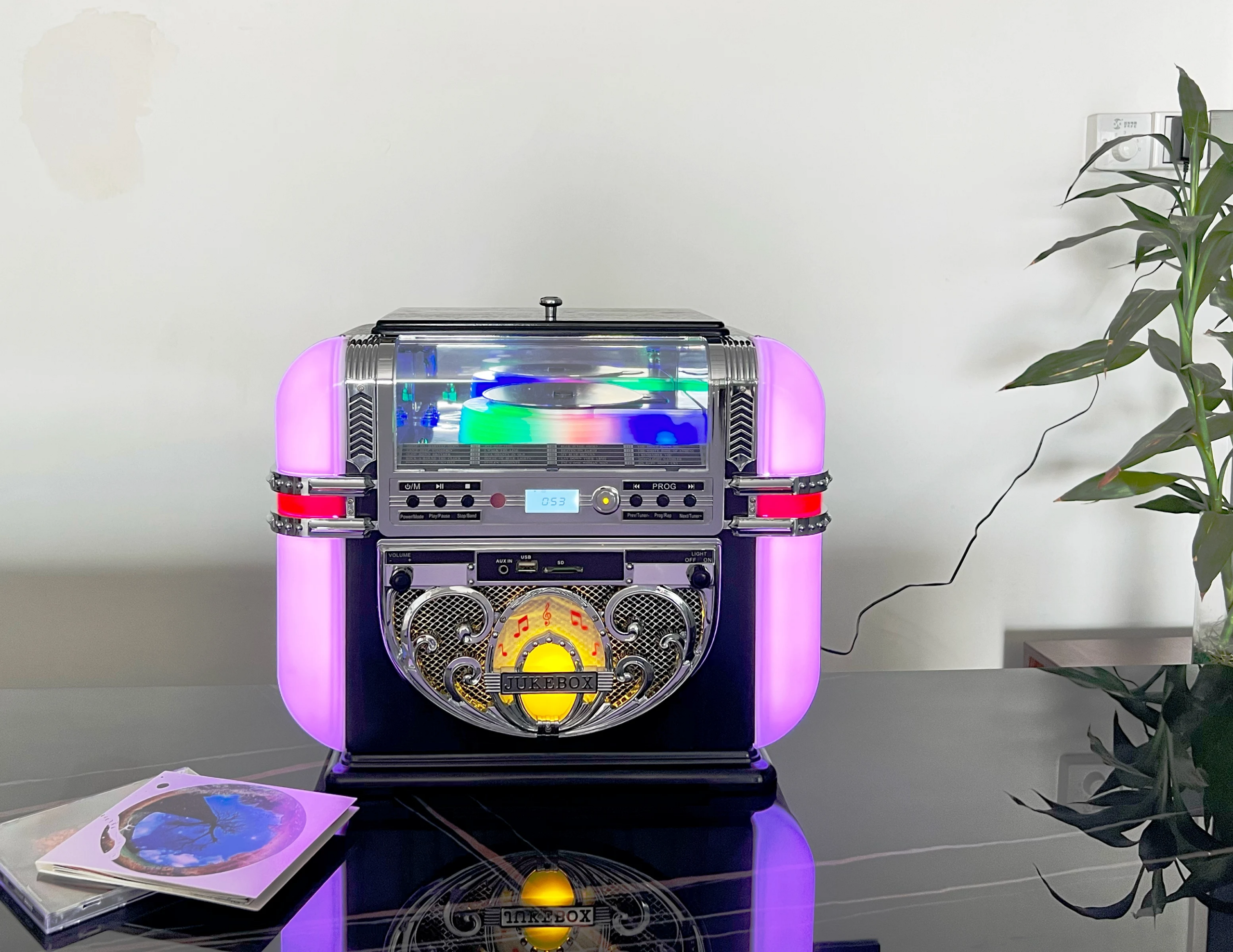 Digital Tabletop LED Jukebox – Bluetooth 5.1 CD Player, USB, SD & FM Radio 432