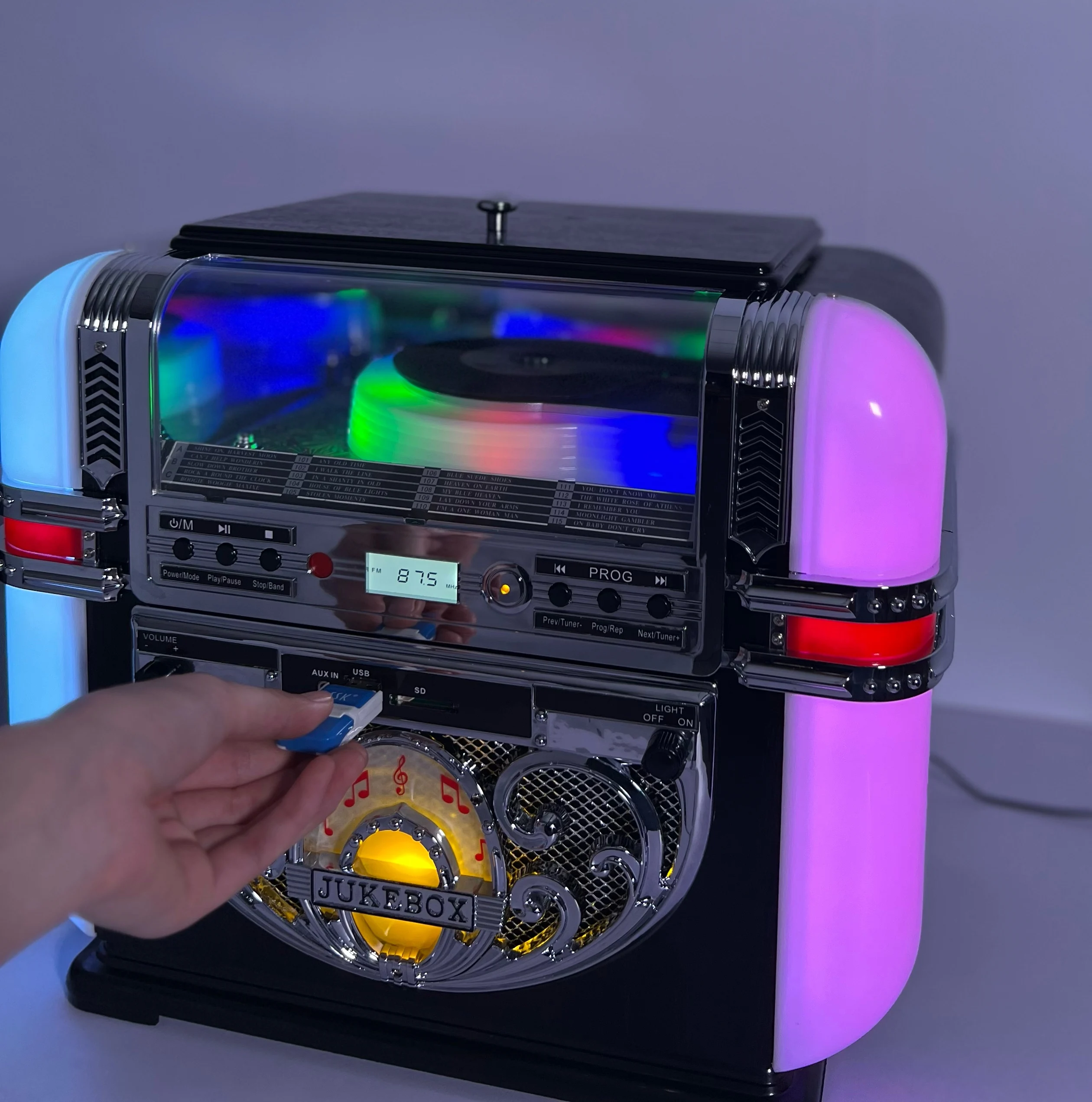 Digital Tabletop LED Jukebox – Bluetooth 5.1 CD Player, USB, SD & FM Radio 43