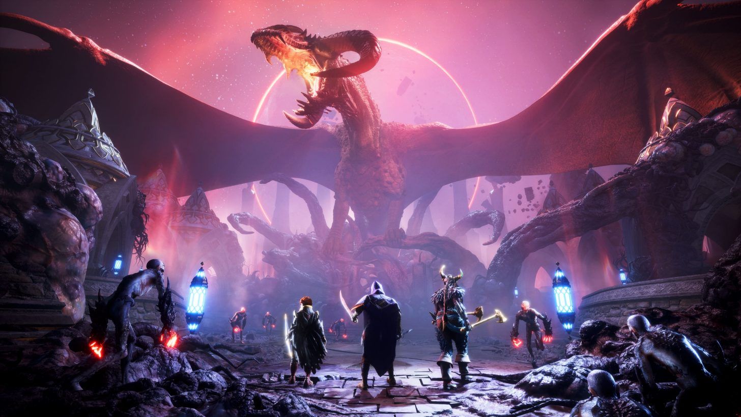 A group of adventurers face down a giant dragon in a screenshot from Dragon Age: The Veilguard