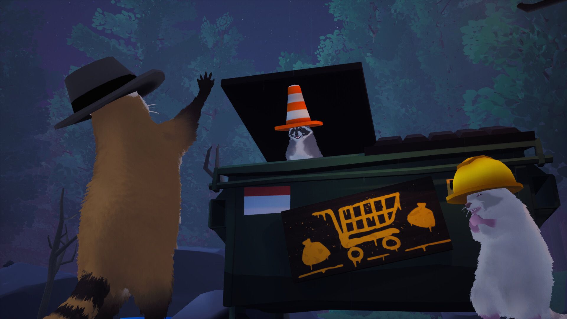 A trio of raccoons hang around a dumpster in Dumpster Gang.