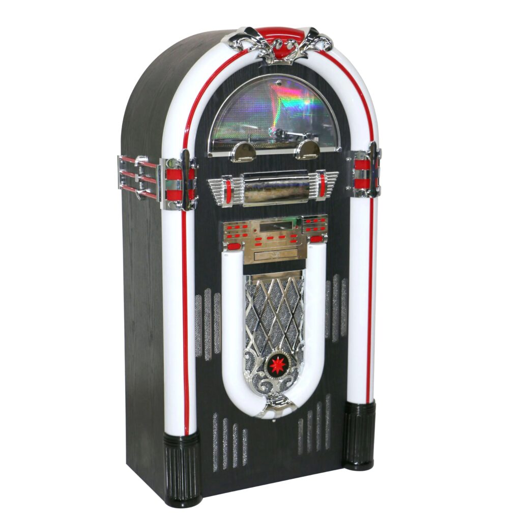 Retro LED Jukebox – 100W Bluetooth, Vinyl Turntable, CD, USB & FM Radio
