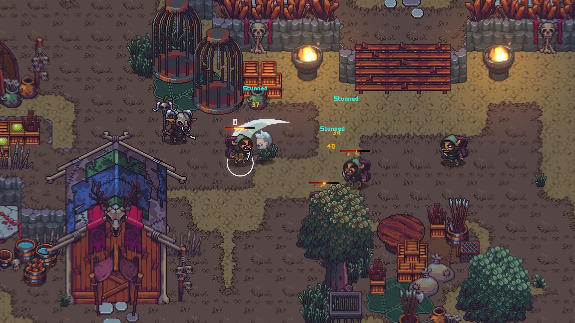 The hero slashes monsters that appear to have raided the town in Emberville.