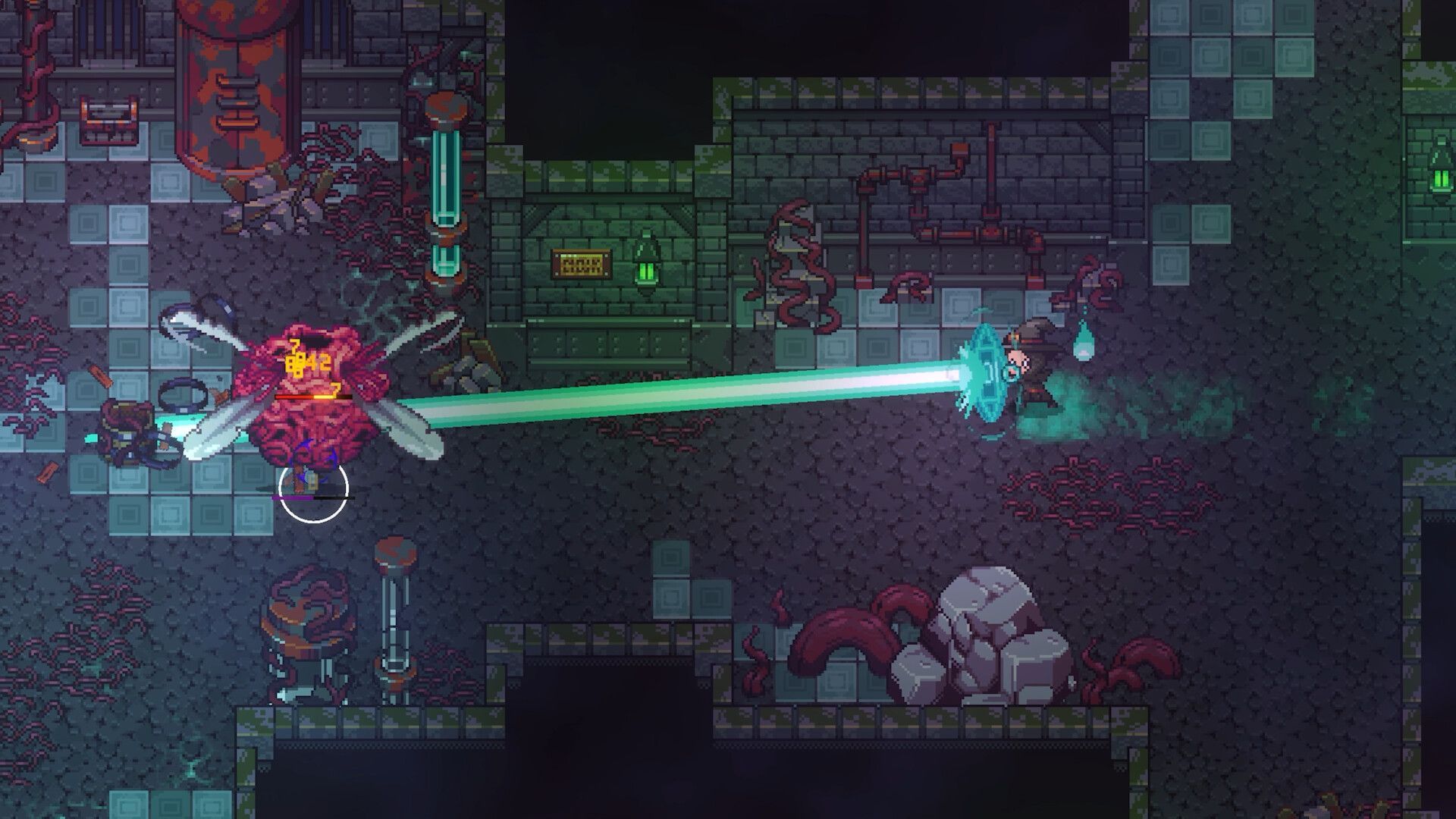 The hero endures a malevolent laser fired by a boss in the dungeon in Emberville.