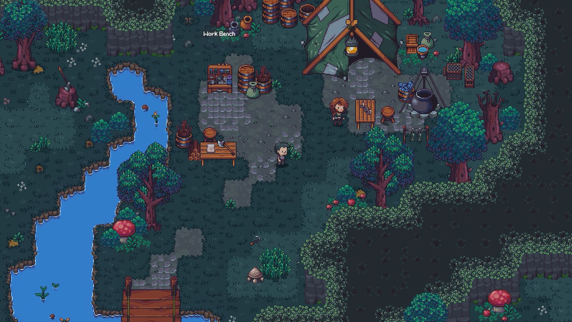 Characters roam a forest settlement near the head of a river in Emberville.