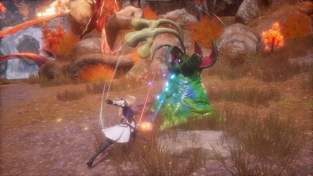 The protagonist of Harvestella slashes a blob monster with a sword