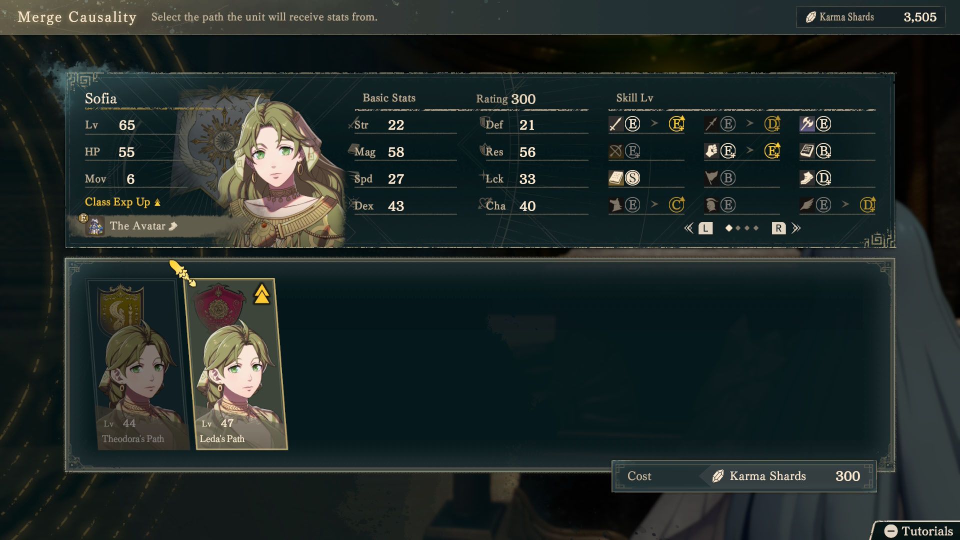 A Fire Emblem: Fortune's Weave screenshot showing Sofia in the merging screen